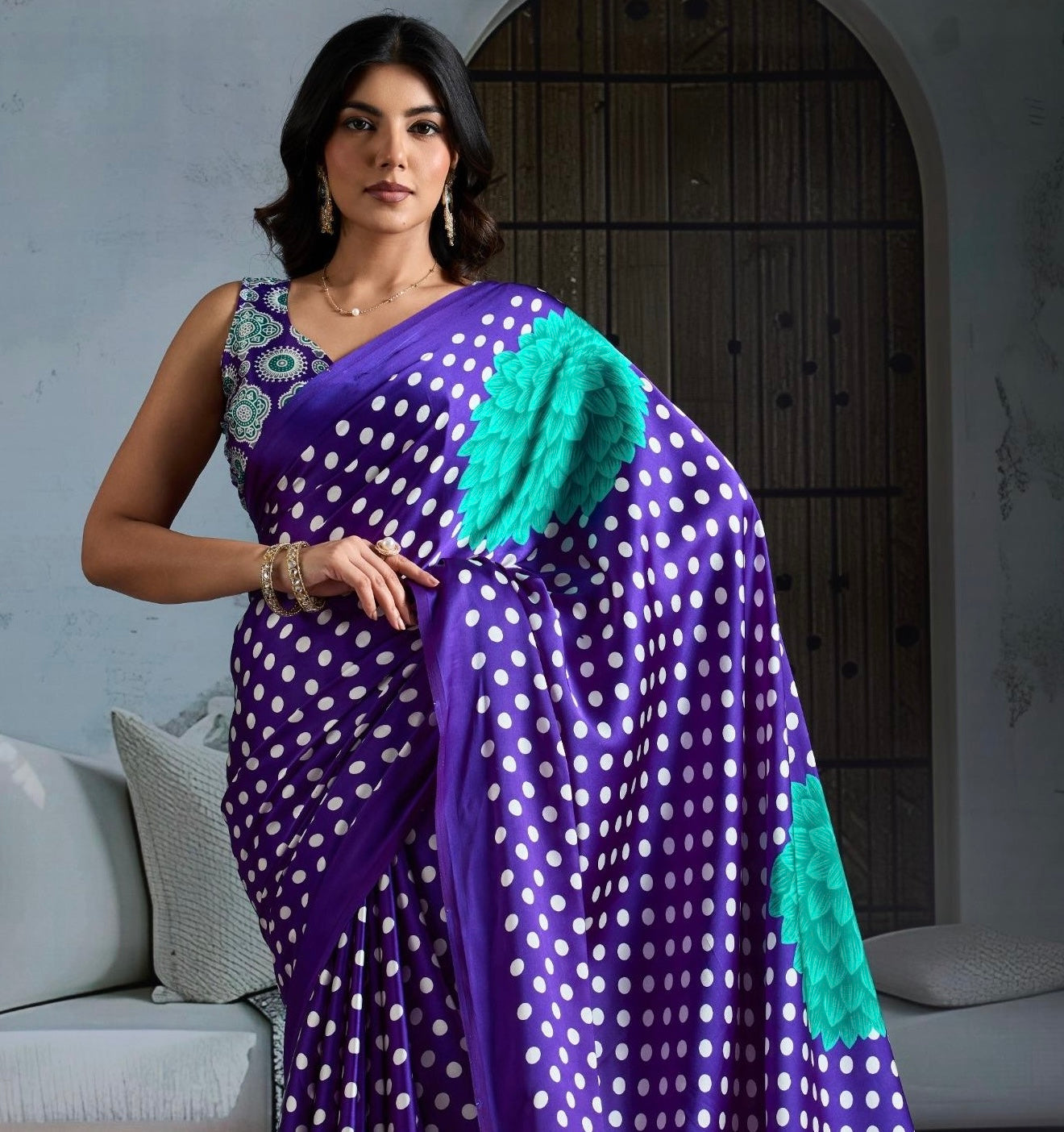Purple Crepe Silk Readymade/Easy Saree