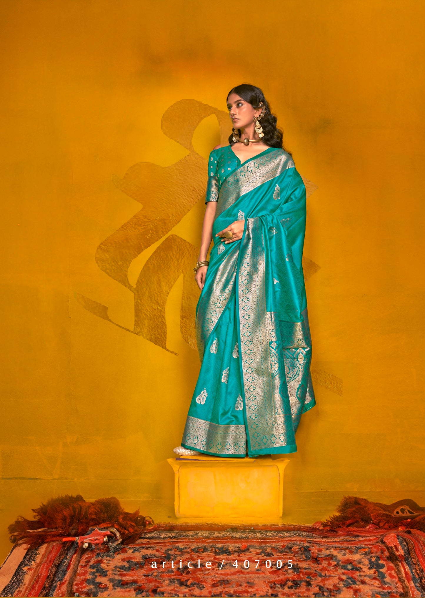 Turquoise Color Kanjivaram Silk Readymade/Easy Saree