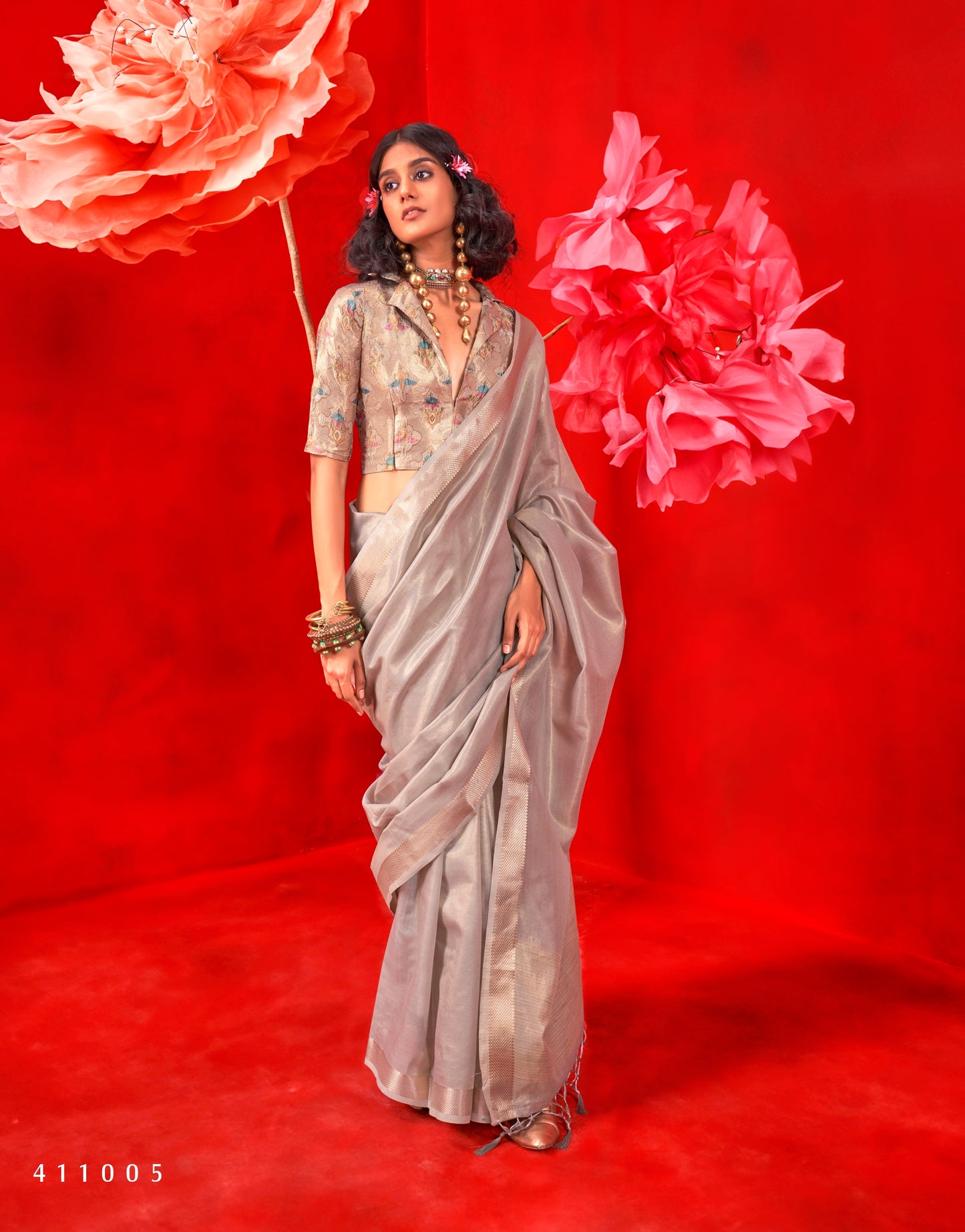 Grey Silk Readymade/Easy Saree With Fancy Unstitched Blouse
