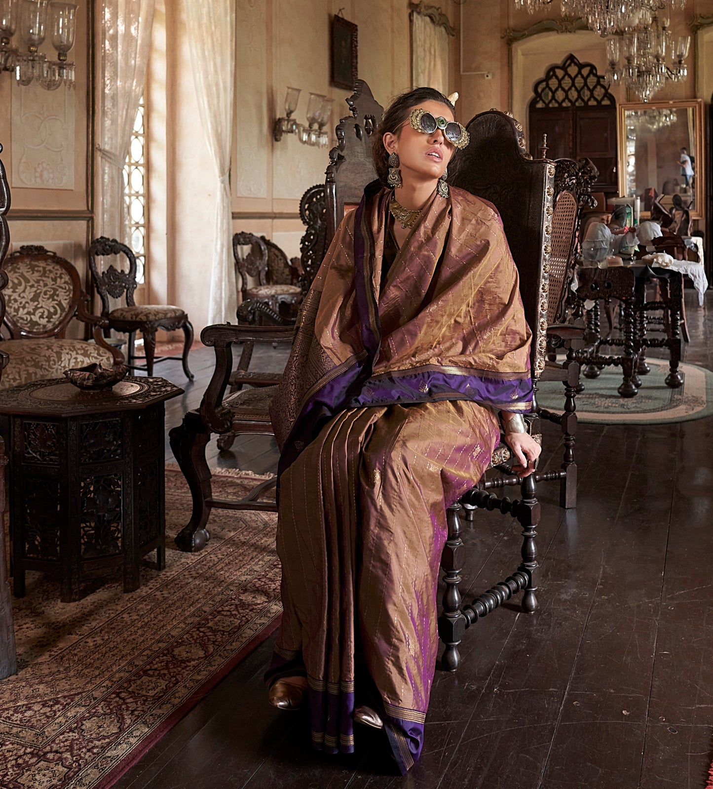 Brown Two Tone Kanjivaram Silk Readymade/Easy Saree