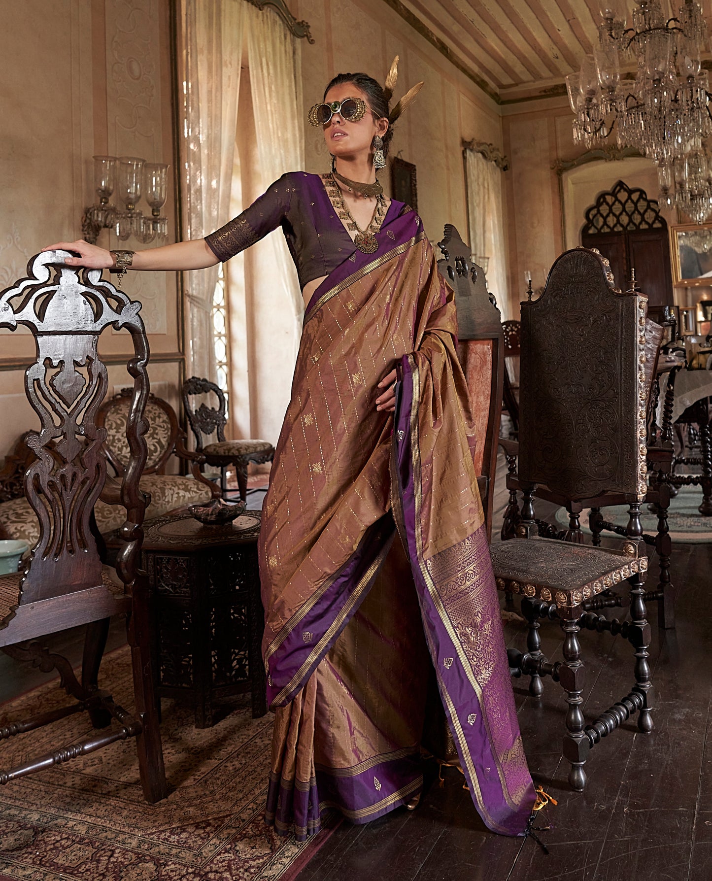 Brown Two Tone Kanjivaram Silk Readymade/Easy Saree