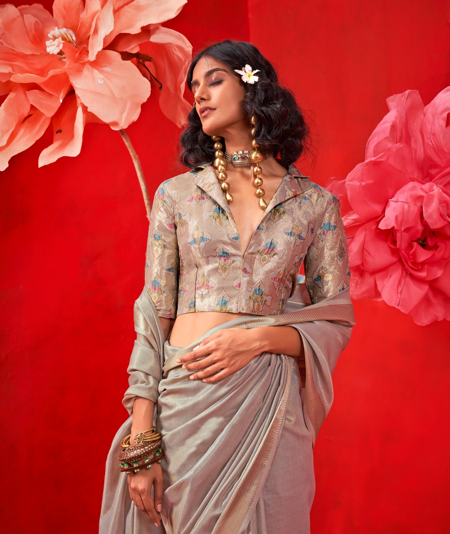Grey Silk Readymade/Easy Saree With Fancy Unstitched Blouse