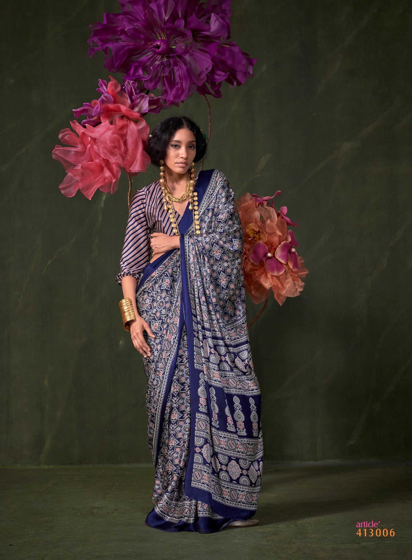 Blue Crepe Calm – Readymade Ajrakh Saree