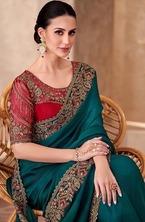 Green Cocktail Party Wear Readymade Saree