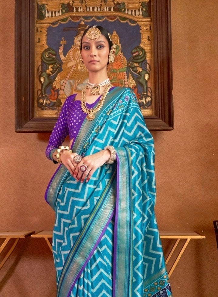 Blue Patola Silk Readymade/Easy Saree
