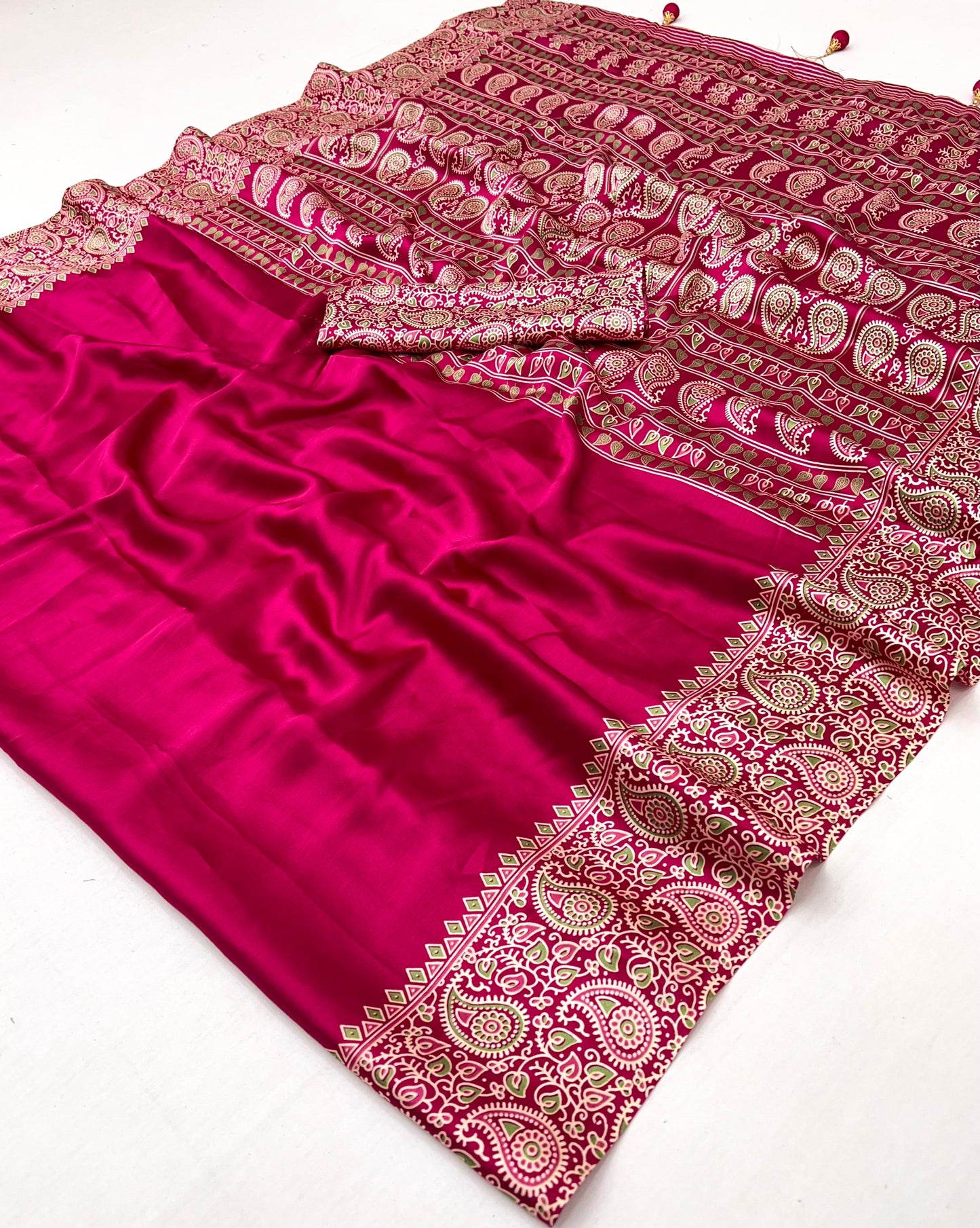 Pink Readymade Crepe Ajrakh Silk Saree