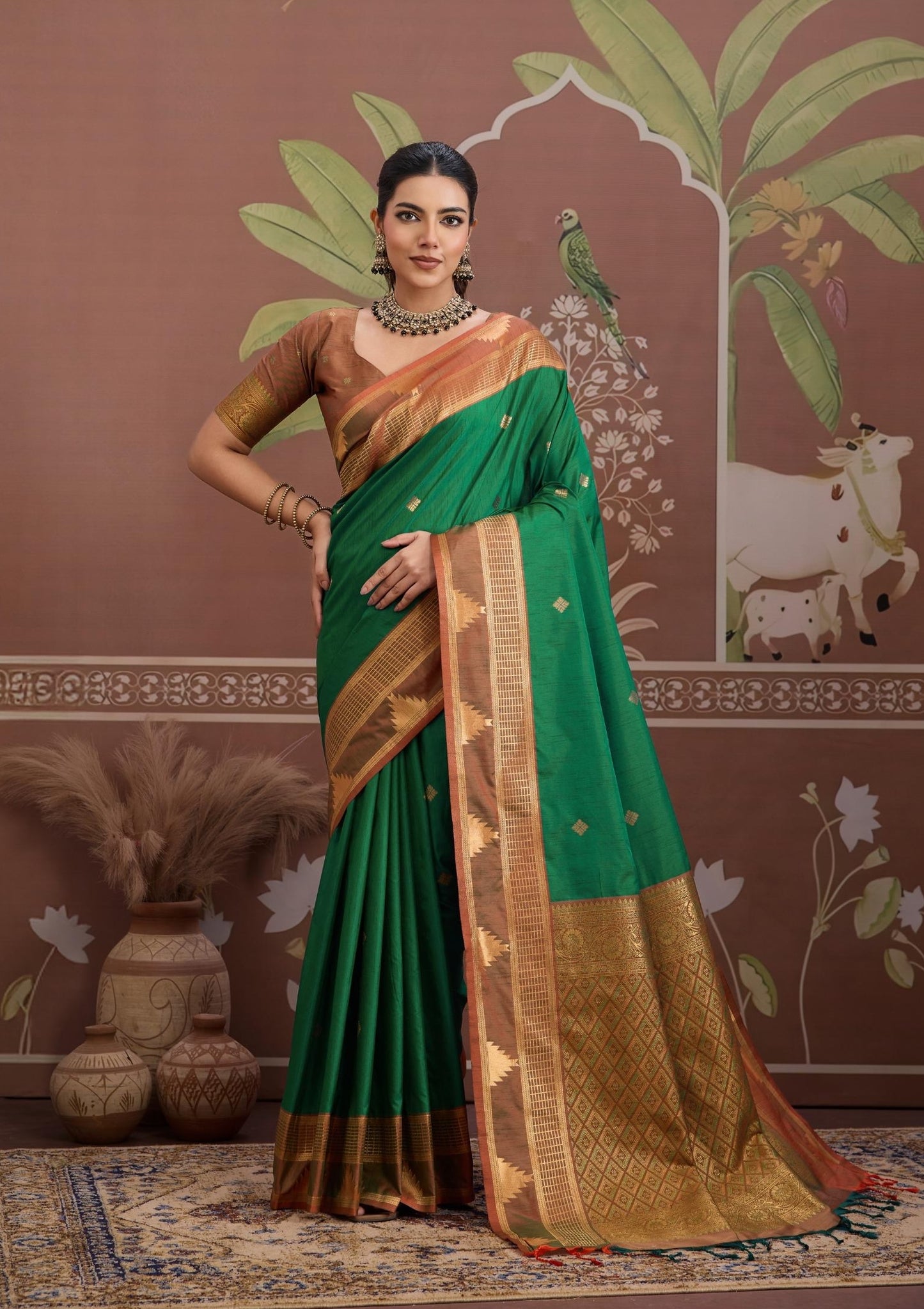 Green Color Tussar Silk Readymade/Easy Saree