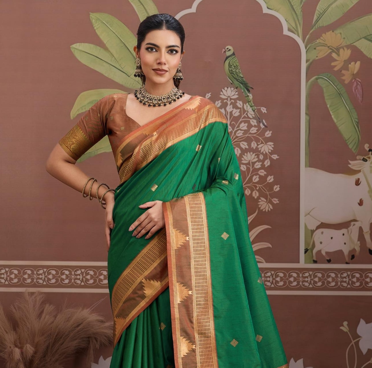 Green Color Tussar Silk Readymade/Easy Saree