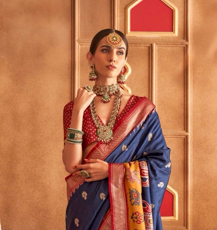 Prussian Color Patola Silk Readymade/Easy Saree