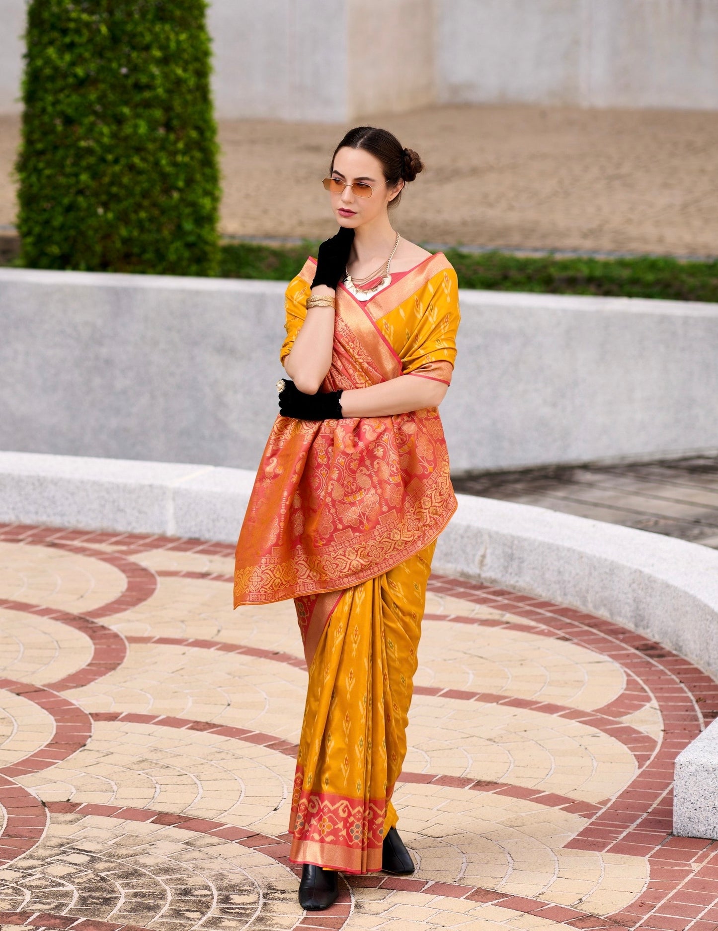 Yellow Color Ikkat Silk Readymade/Easy Saree