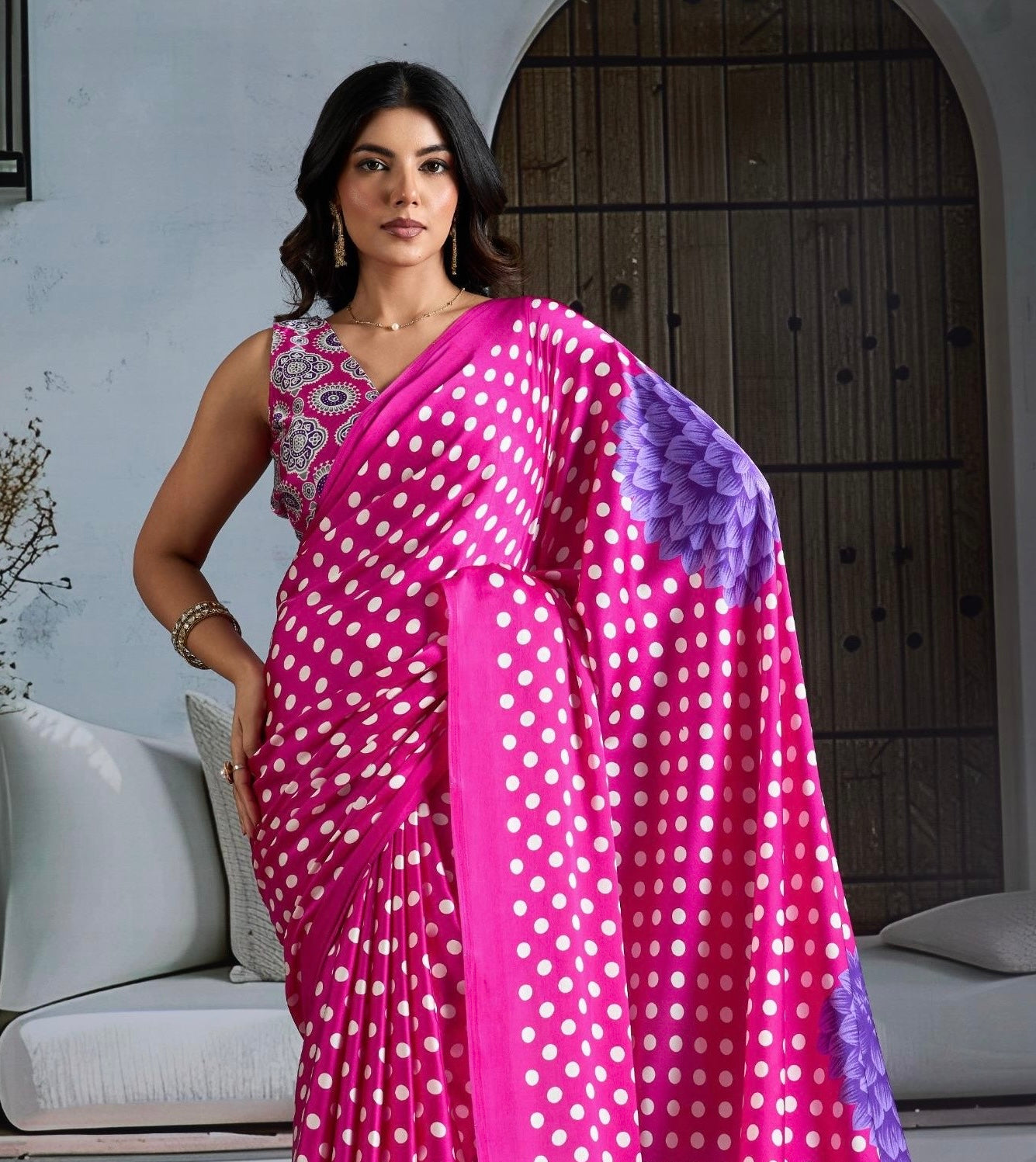 Pink Crepe Silk Readymade/Easy Saree