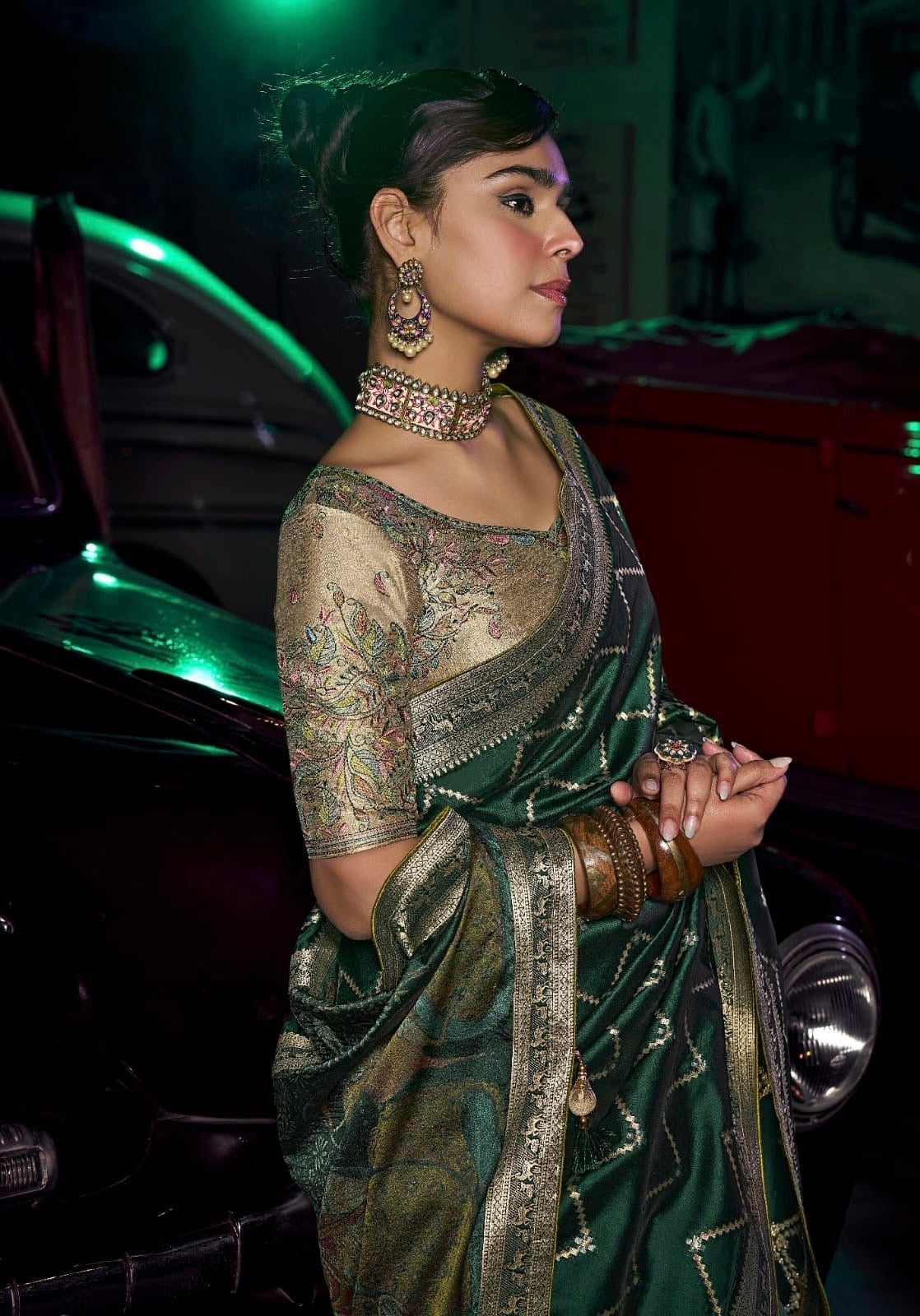Green Color Banarasi Silk Readymade/Easy Saree