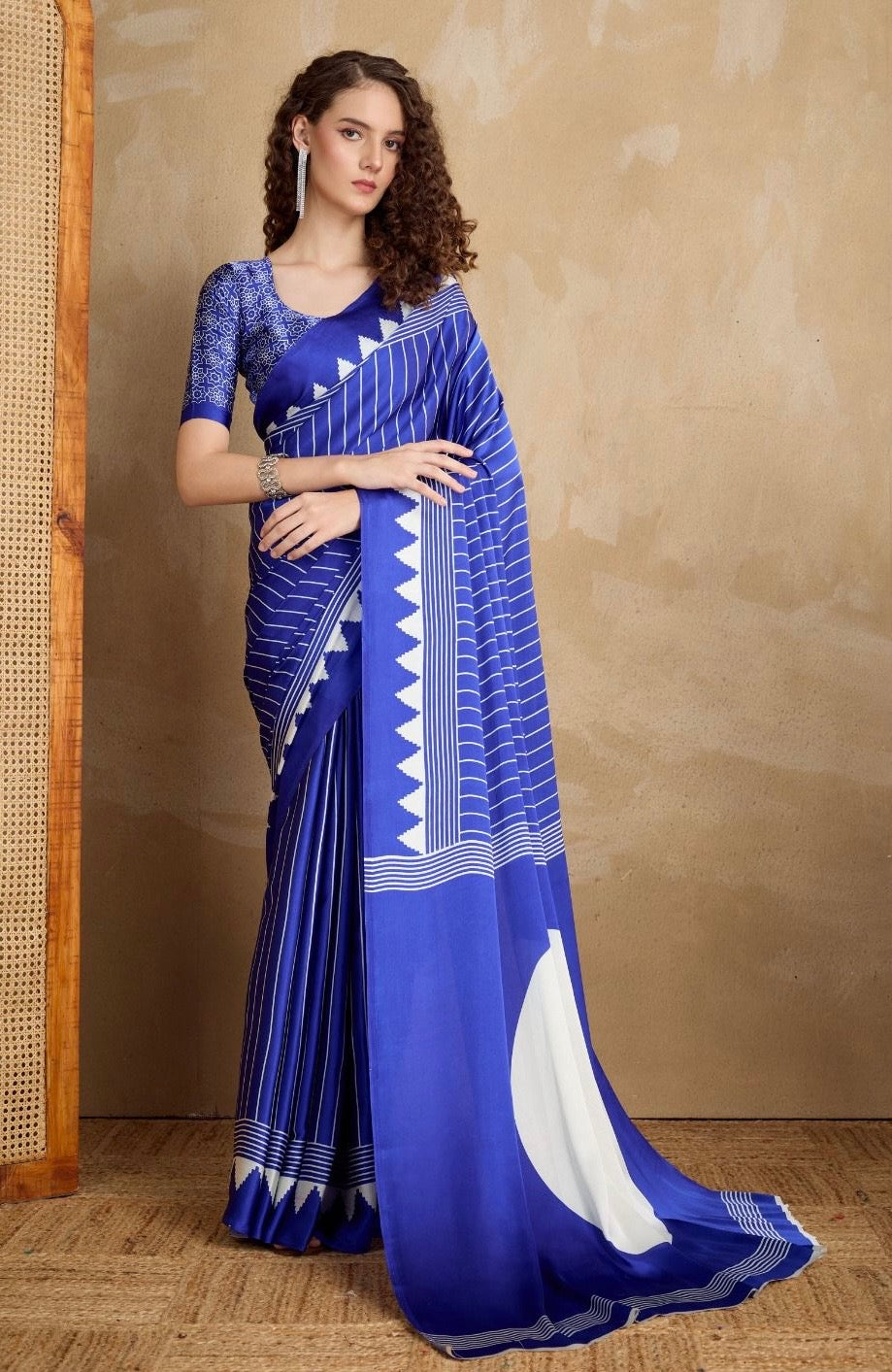 Blue & White Crepe Silk Readymade Saree