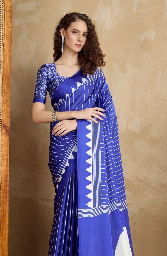 Blue & White Crepe Silk Readymade Saree