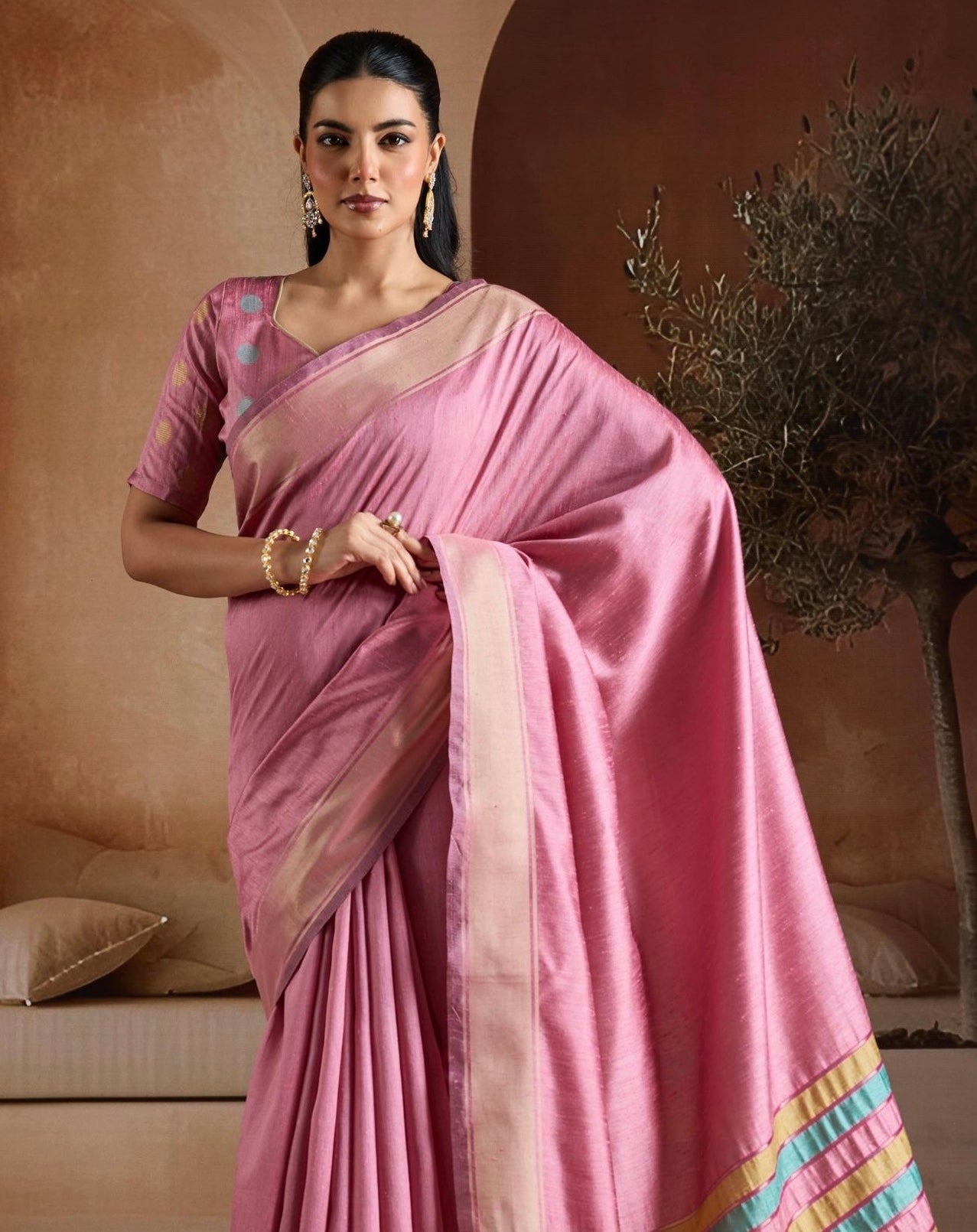 Pink Color Raw Silk Readymade/Easy Saree