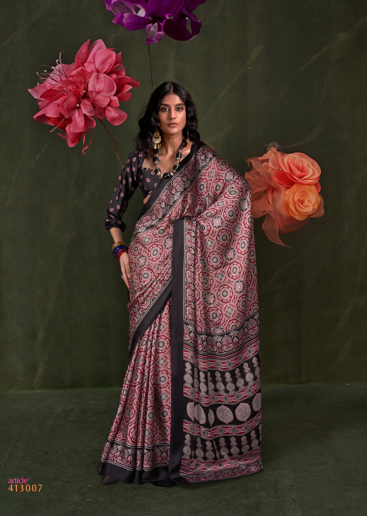 Black Crepe Calm – Readymade Ajrakh Saree