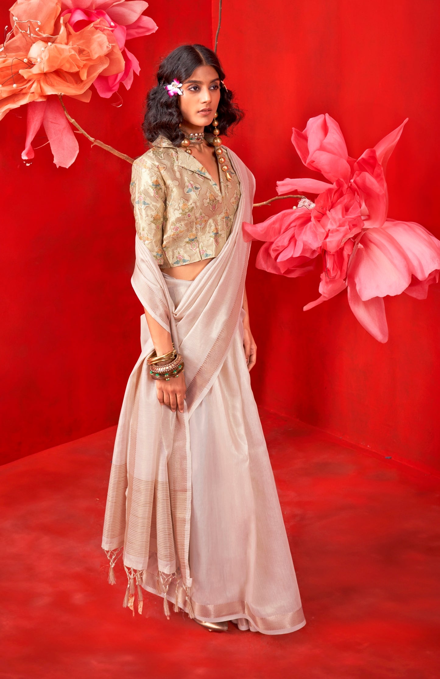 Pearl Silk Readymade/Easy Saree With Fancy Unstitched Blouse