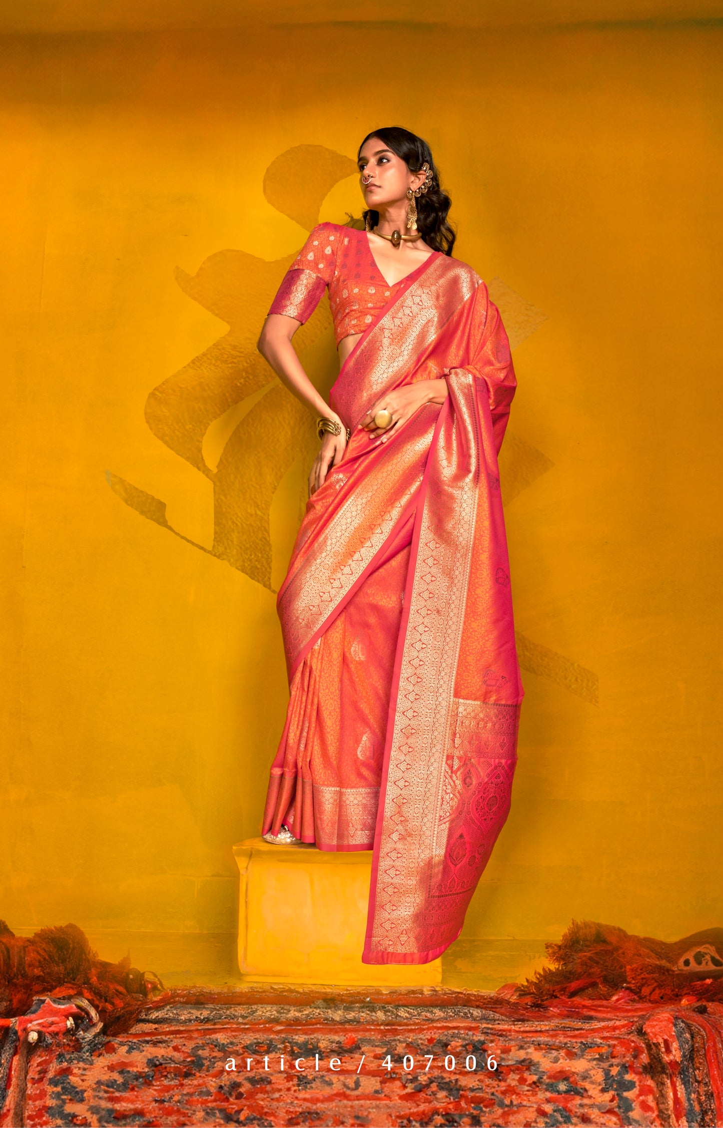 Orange Color Kanjivaram Silk Readymade/Easy Saree
