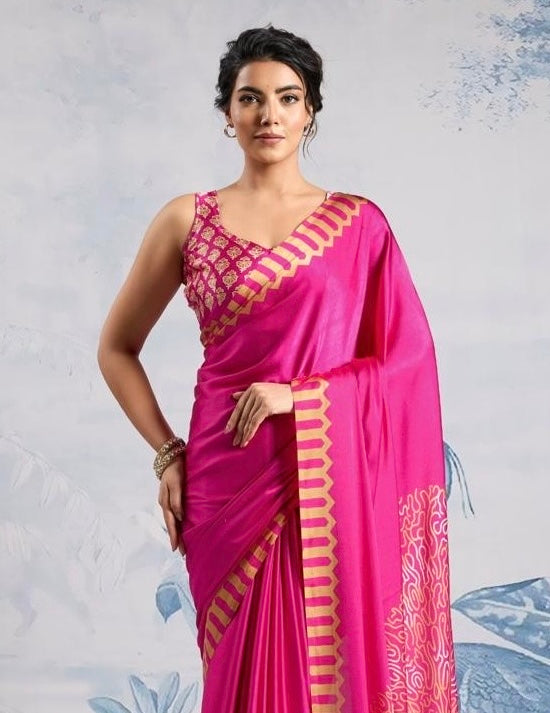 Plain Pink Readymade Crepe Silk Saree