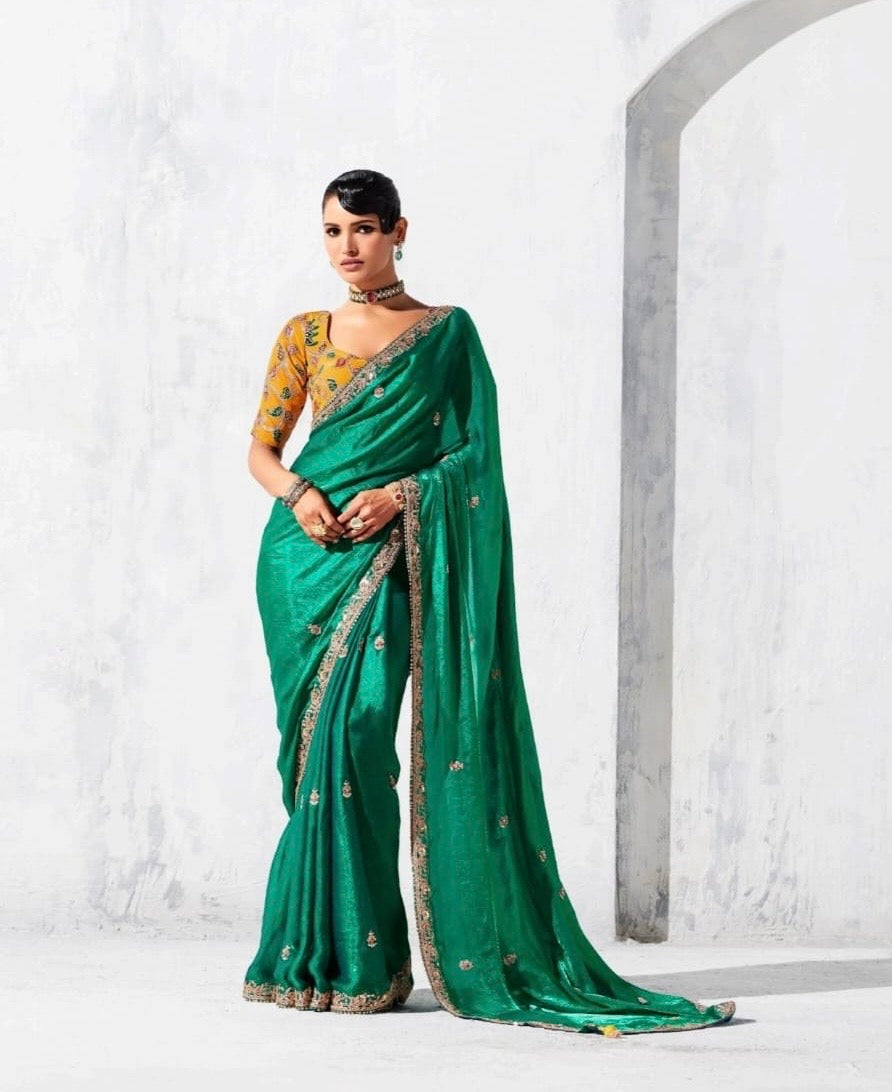 Green Tissue Silk Readymade/Easy Saree