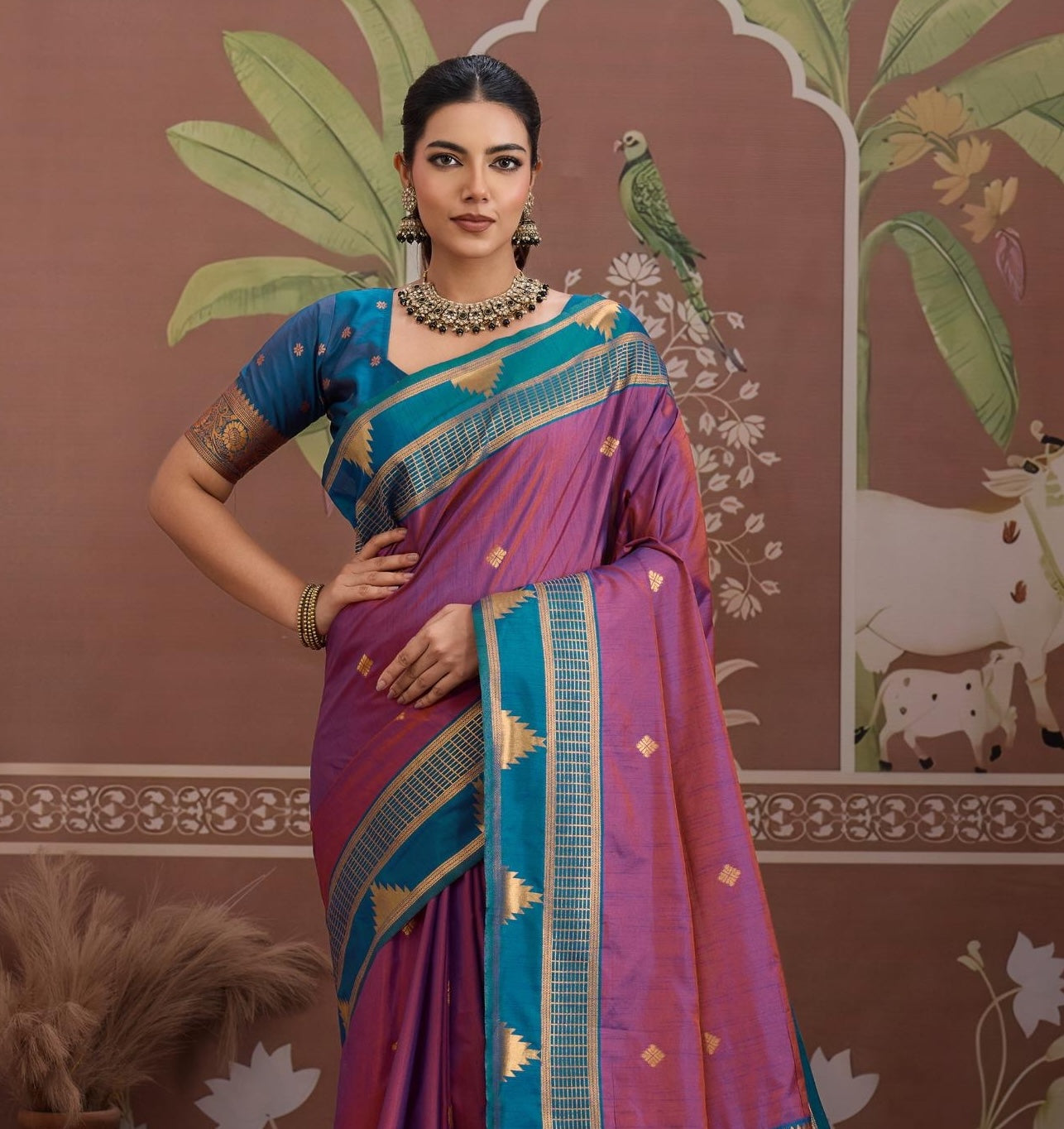 Purple Color Tussar Silk Readymade/Easy Saree
