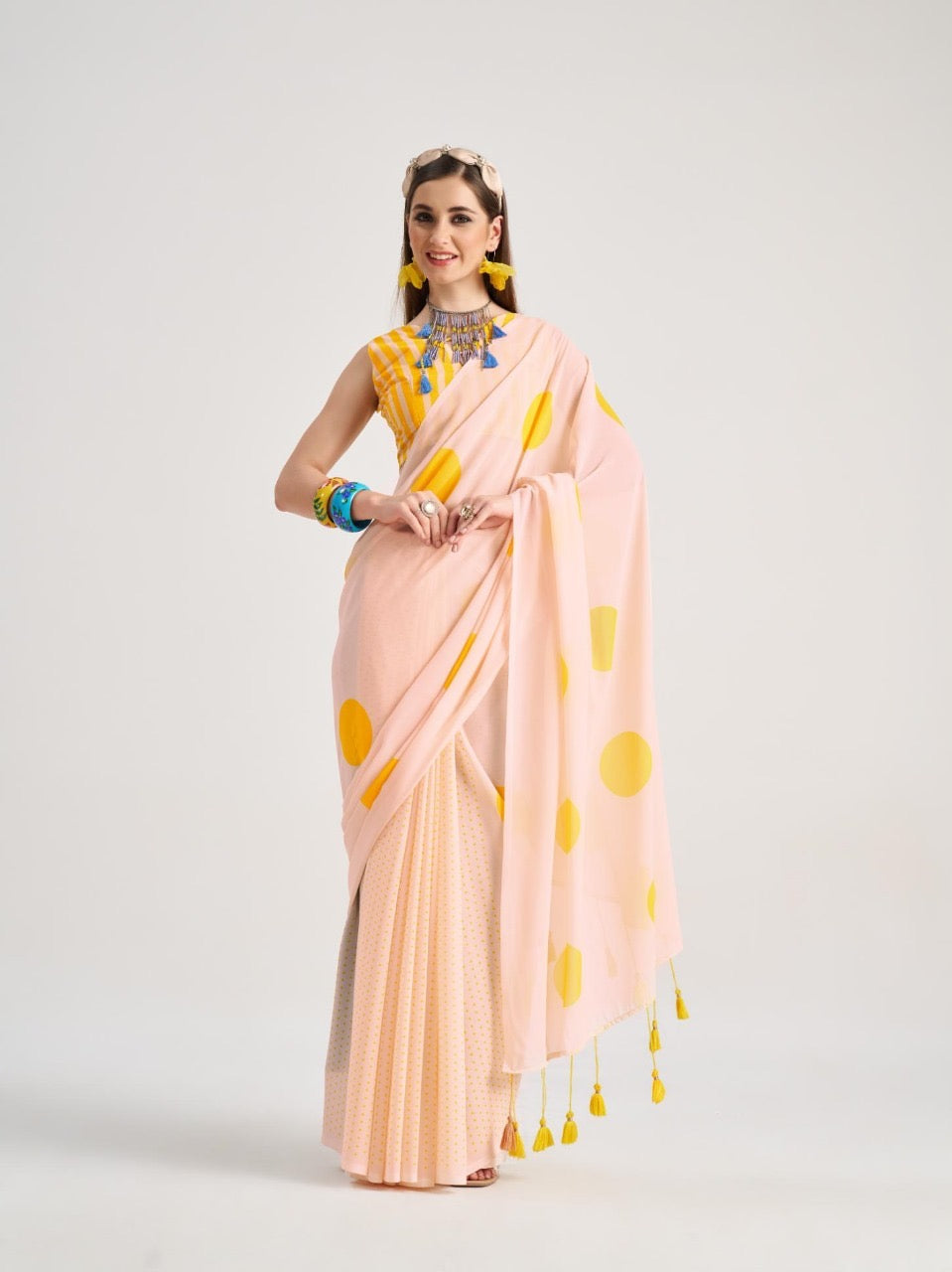 Beige & Yellow Georgette Readymade/Easy Saree