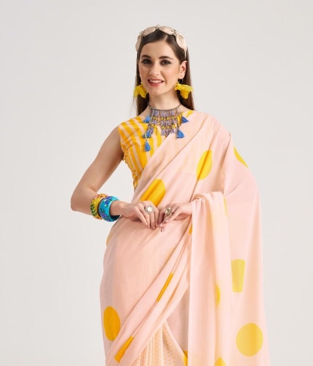 Beige & Yellow Georgette Readymade/Easy Saree