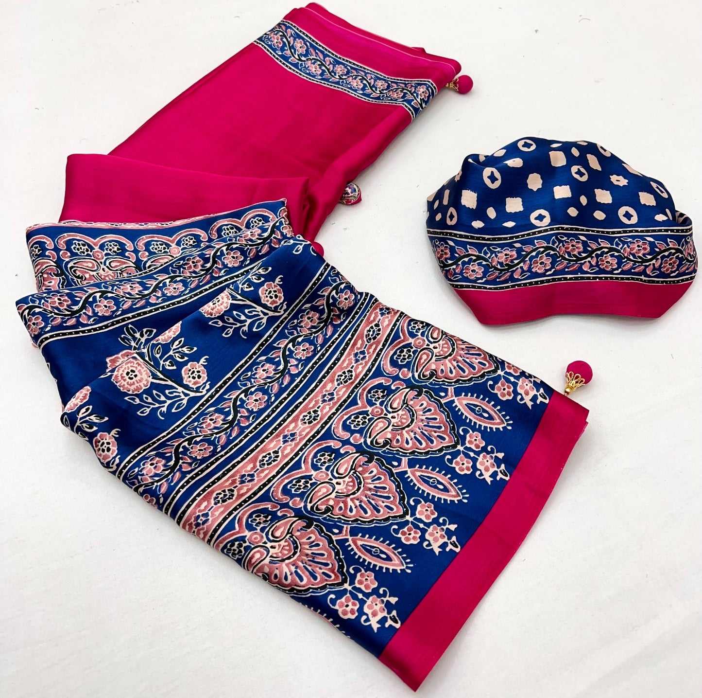 Pink & Royal Blue Crepe Silk Readymade/Easy Saree