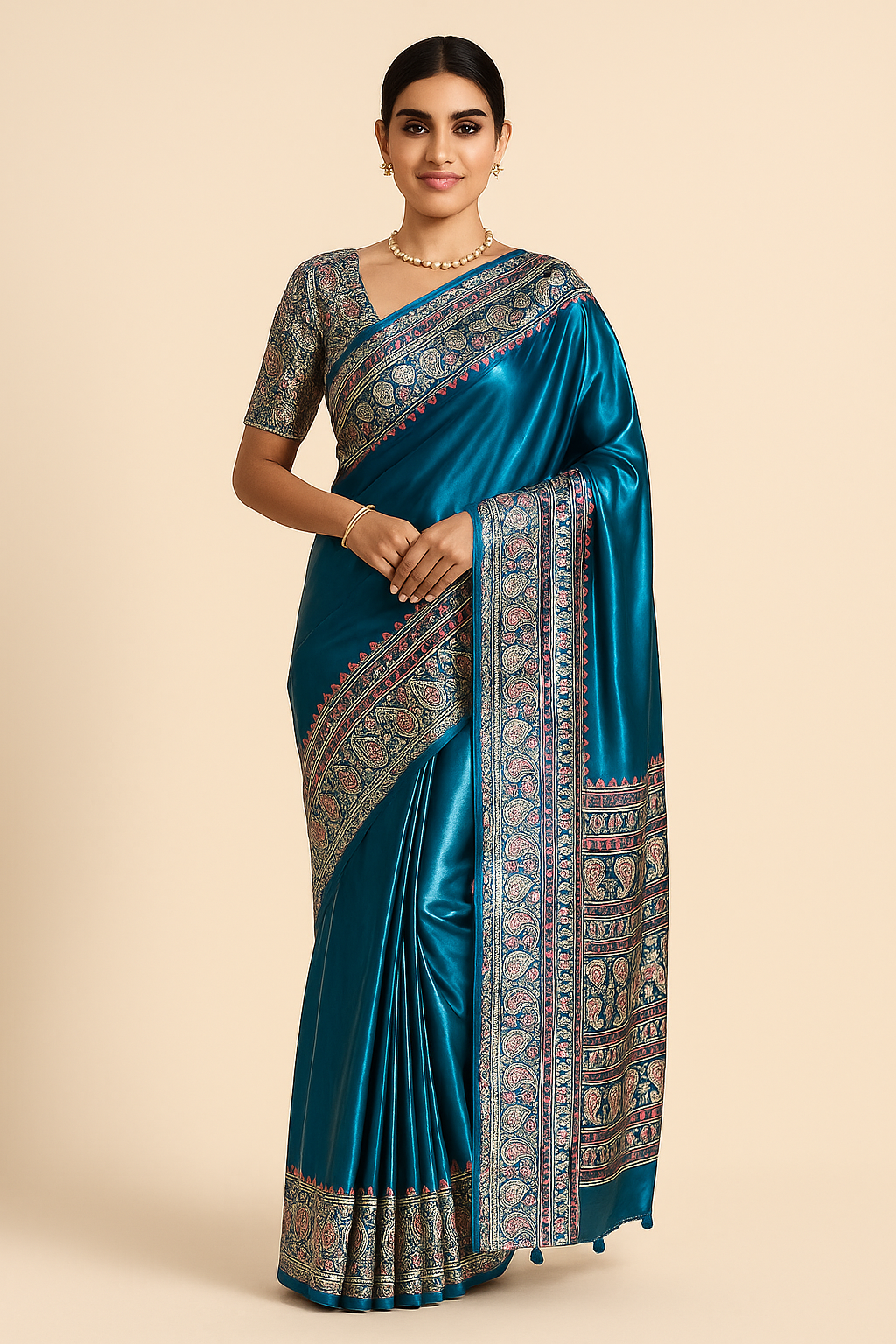 Turquoise Readymade Crepe Ajrakh Silk Saree