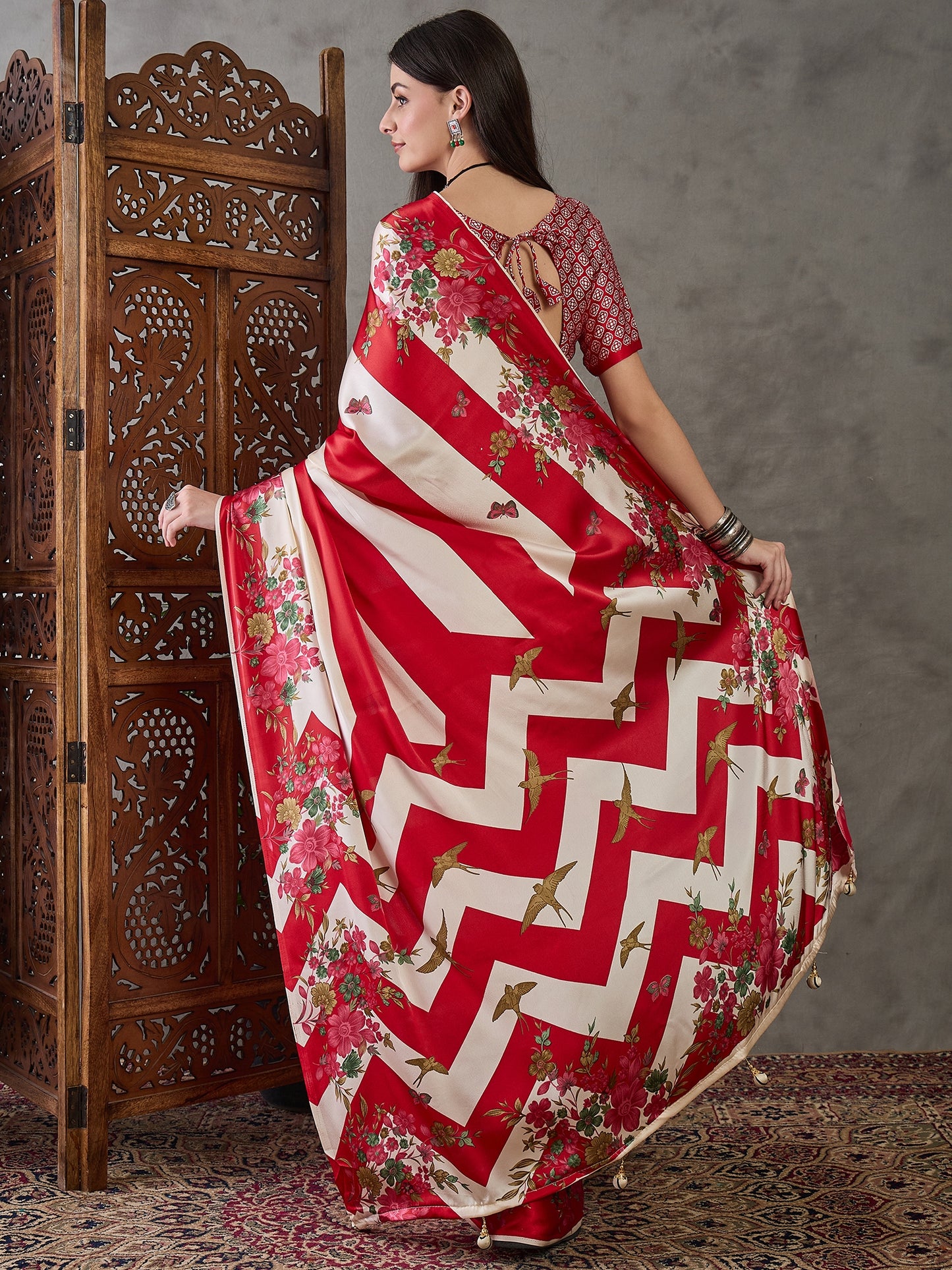 Red Readymade Crepe Silk Saree