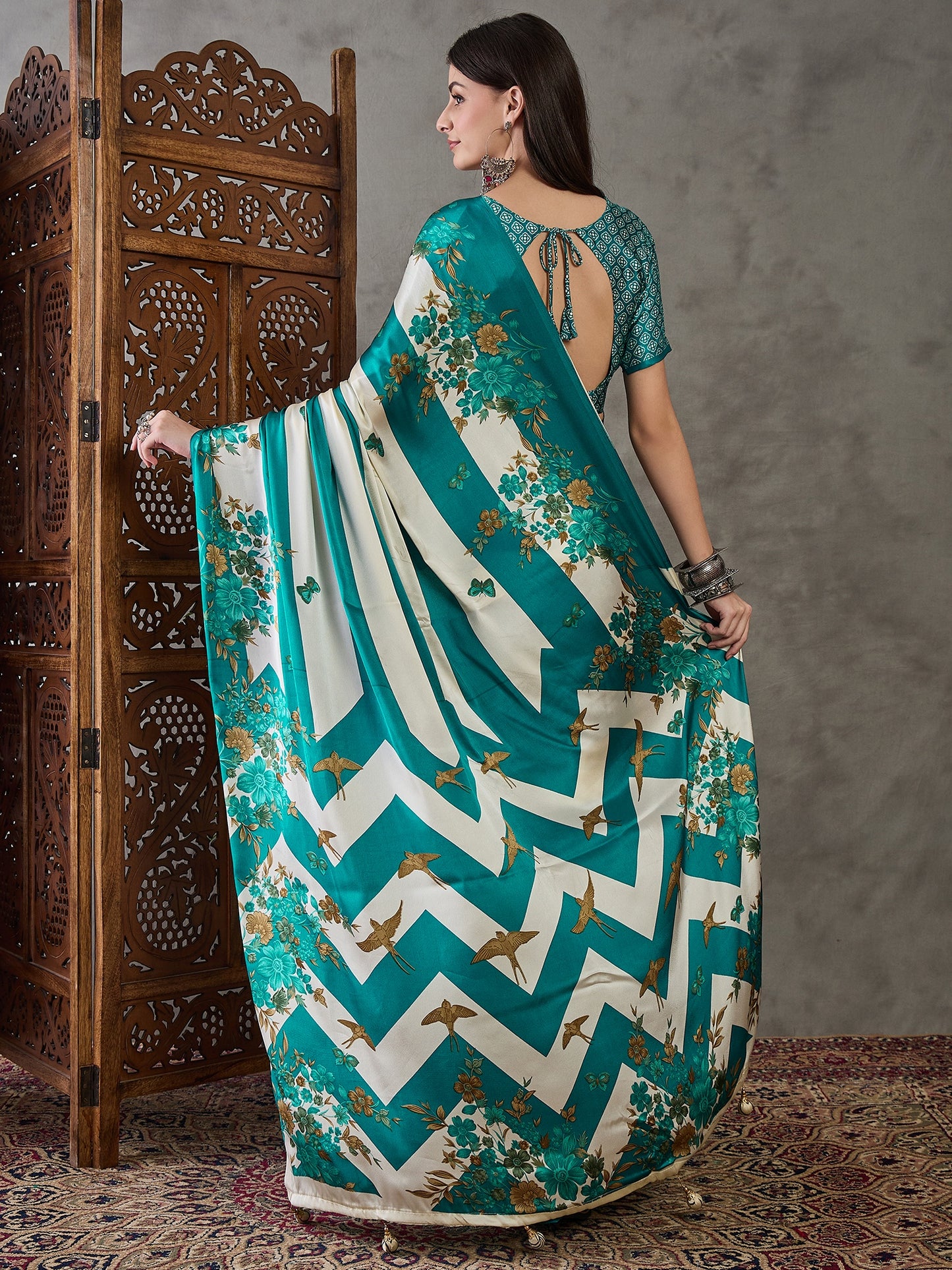 Turquoise Readymade Crepe Silk Saree