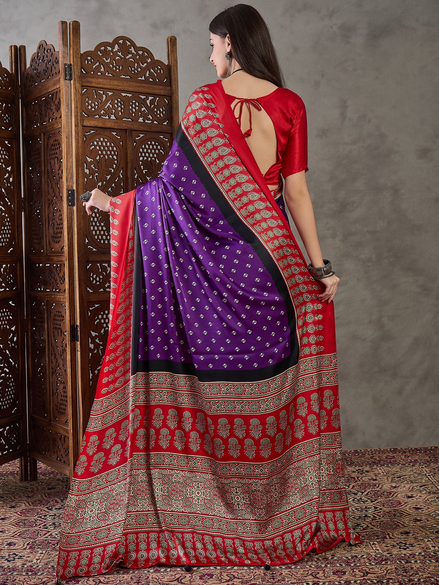 Purple & Red Readymade Crepe Silk Saree