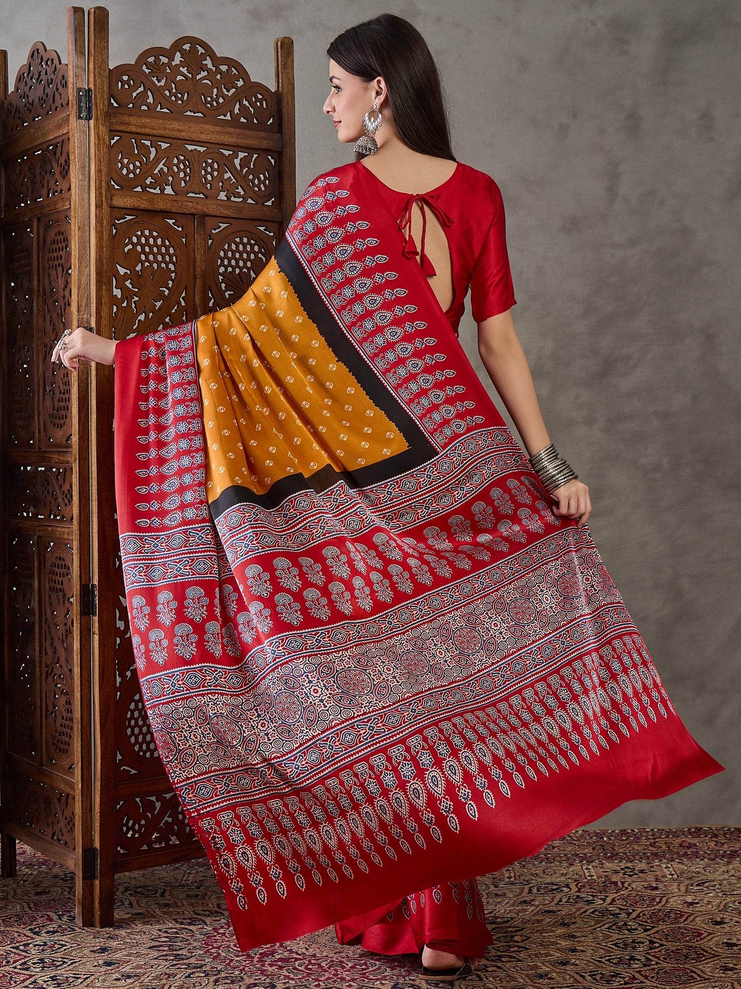 Yellow & Red Readymade Crepe Silk Saree