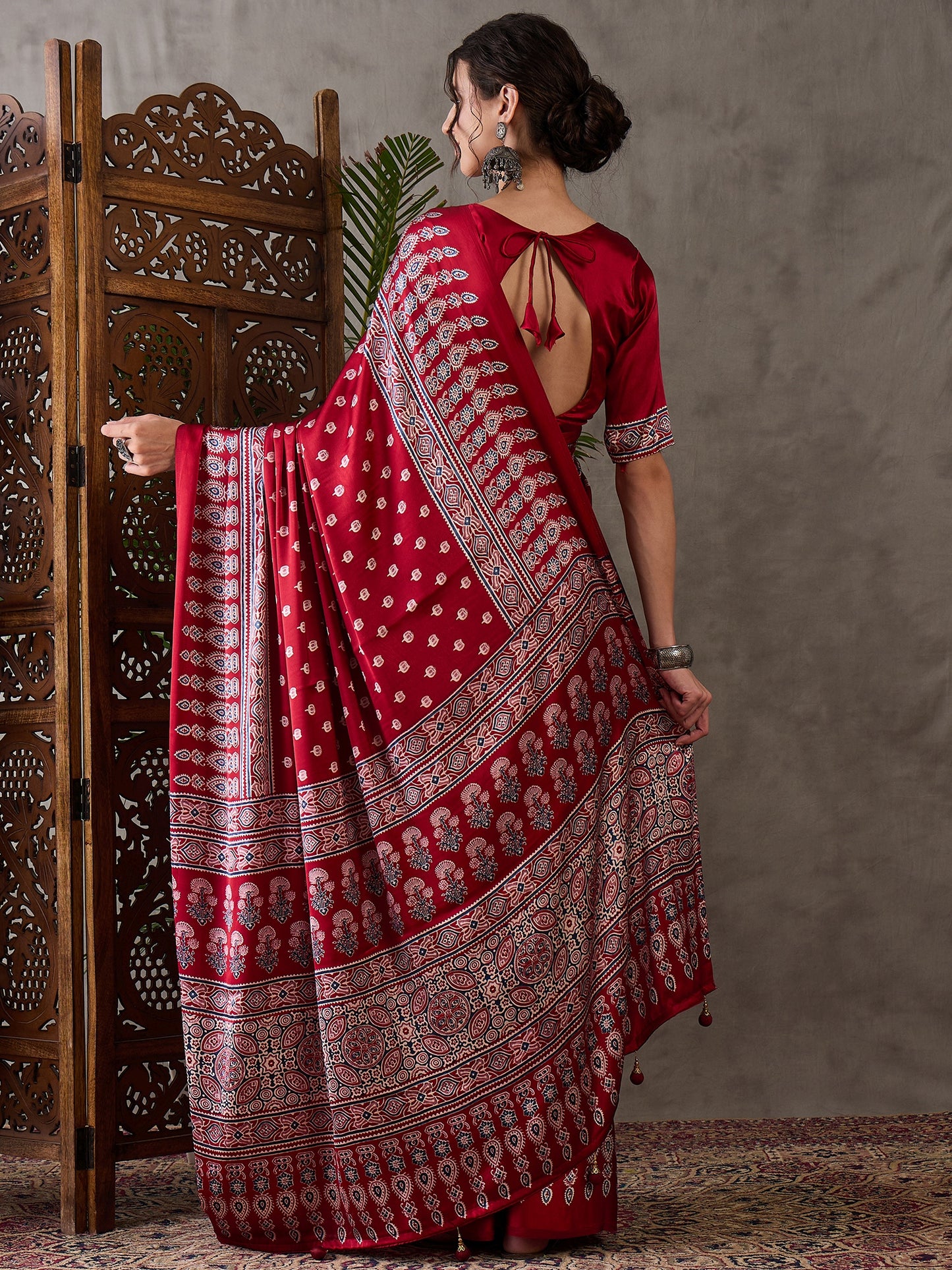 Red Readymade Crepe Silk Saree