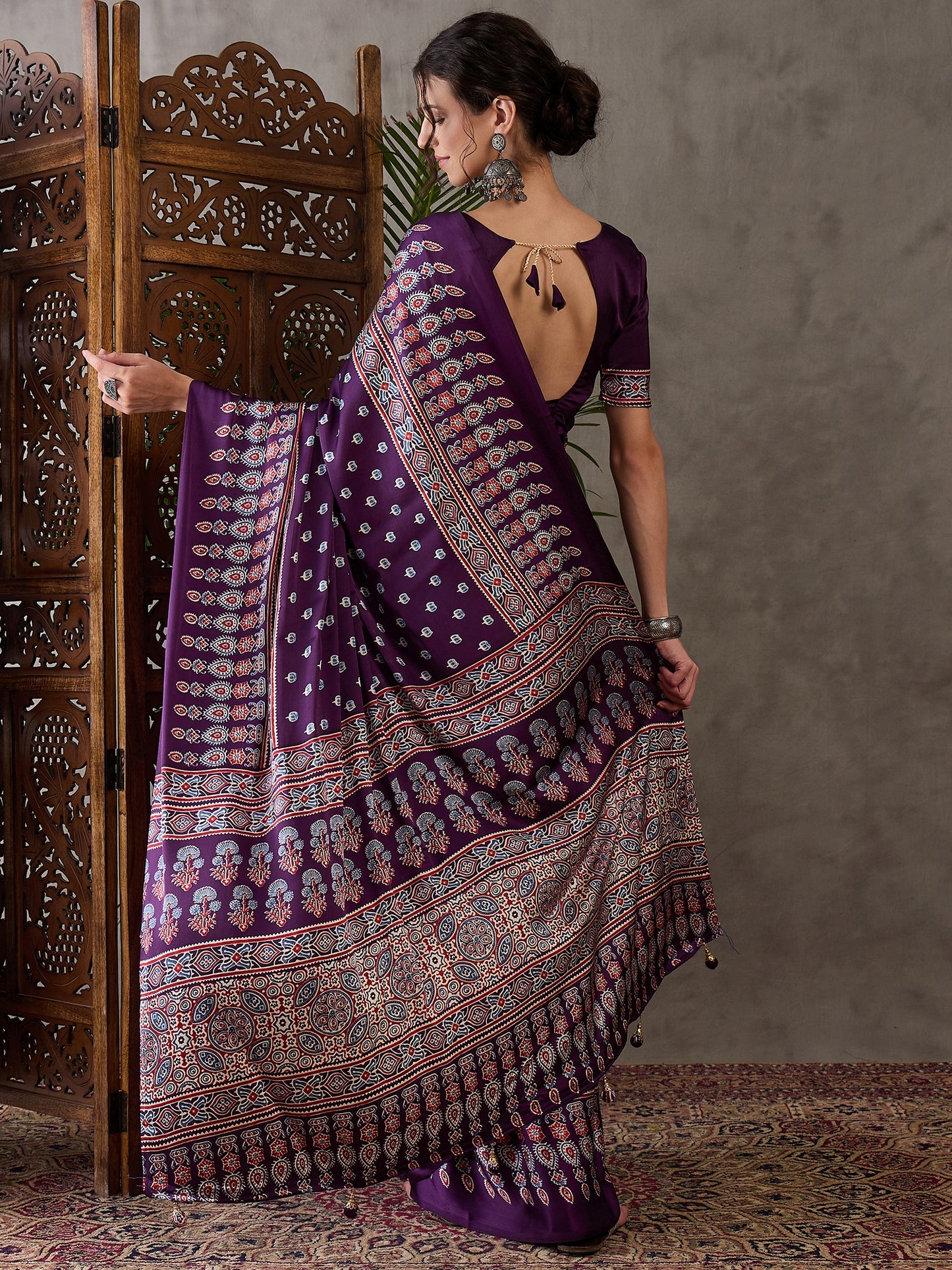 Purple Readymade Crepe Silk Saree