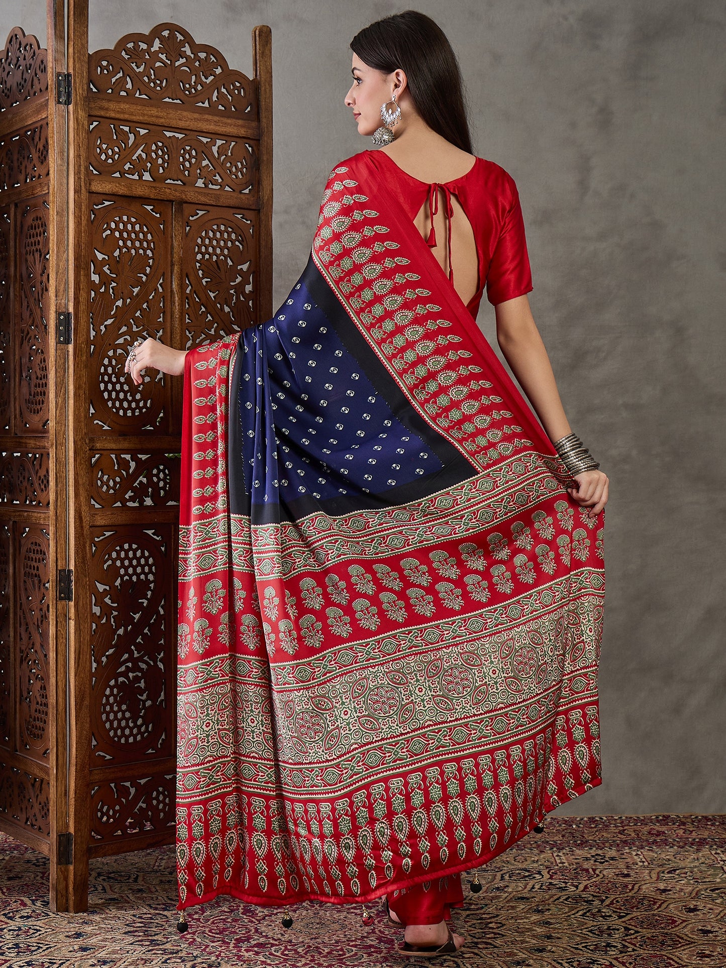 Blue & Red Readymade Crepe Silk Saree
