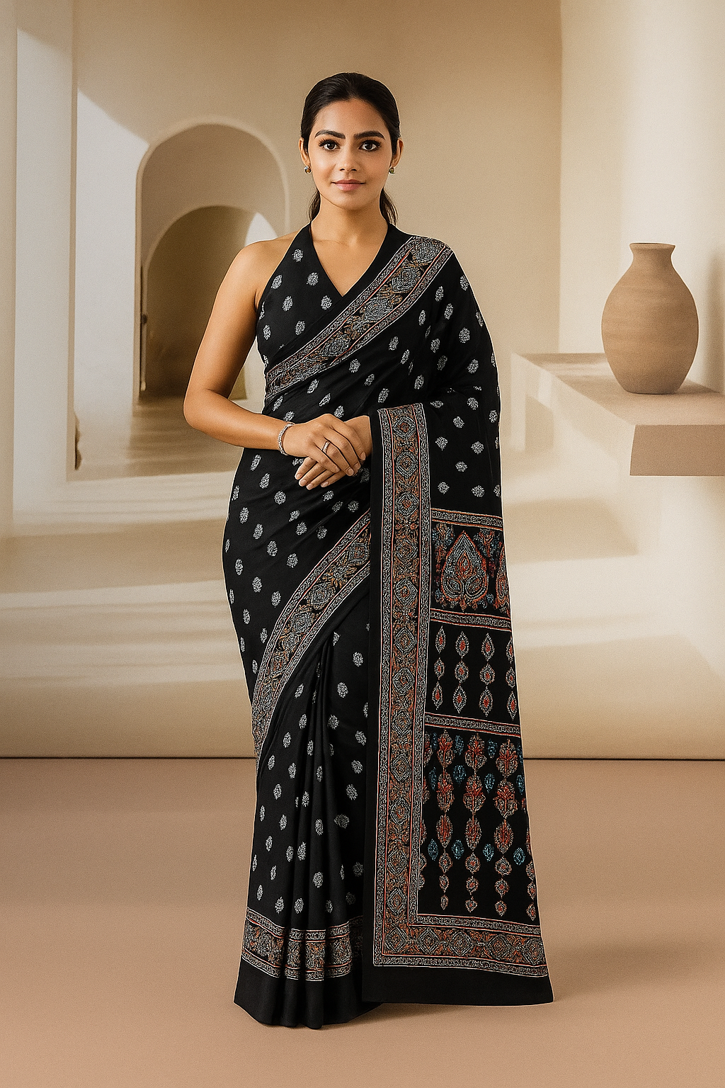 Black Readymade Crepe Silk Saree