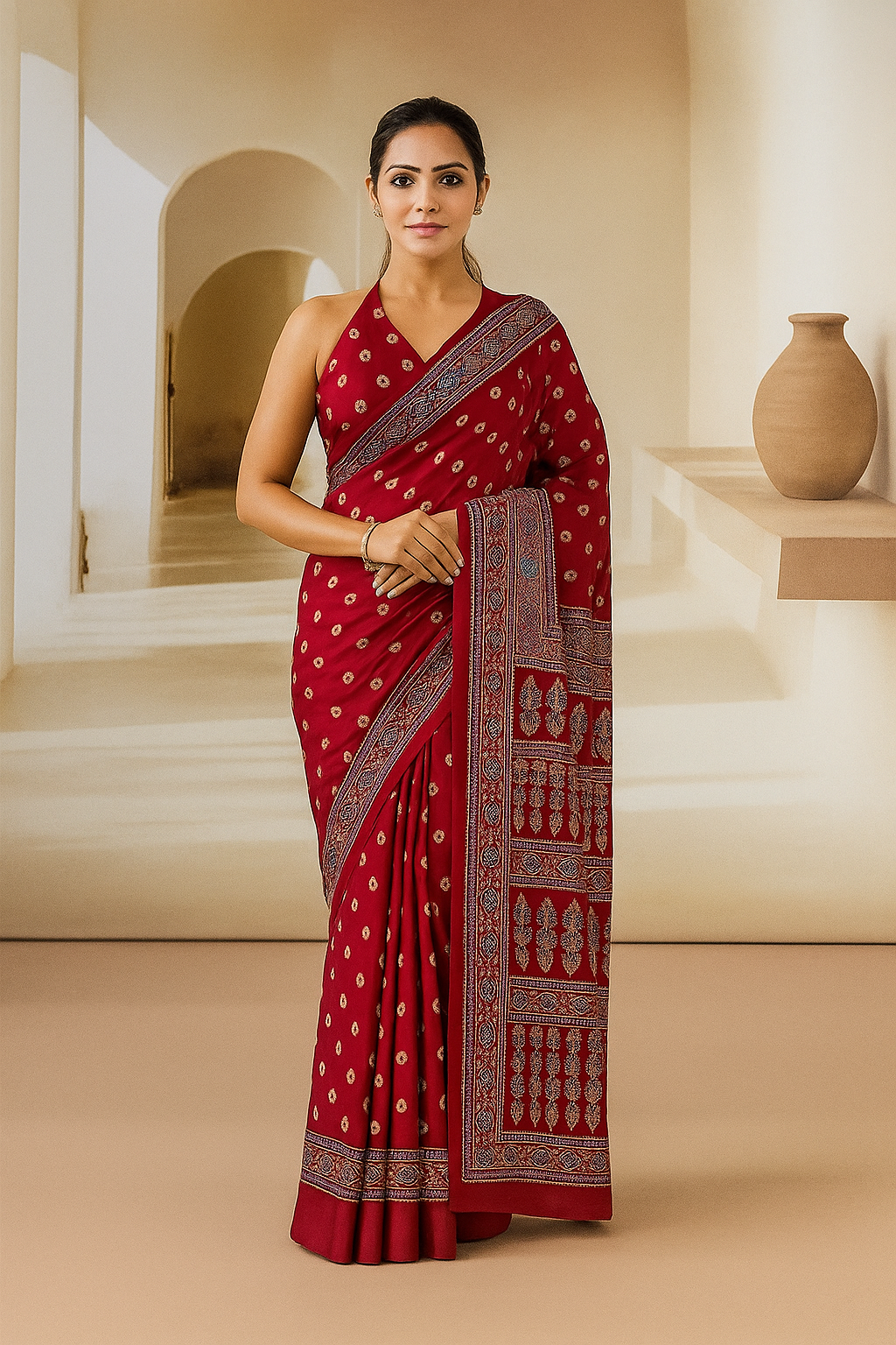 Red Readymade Crepe Silk Saree