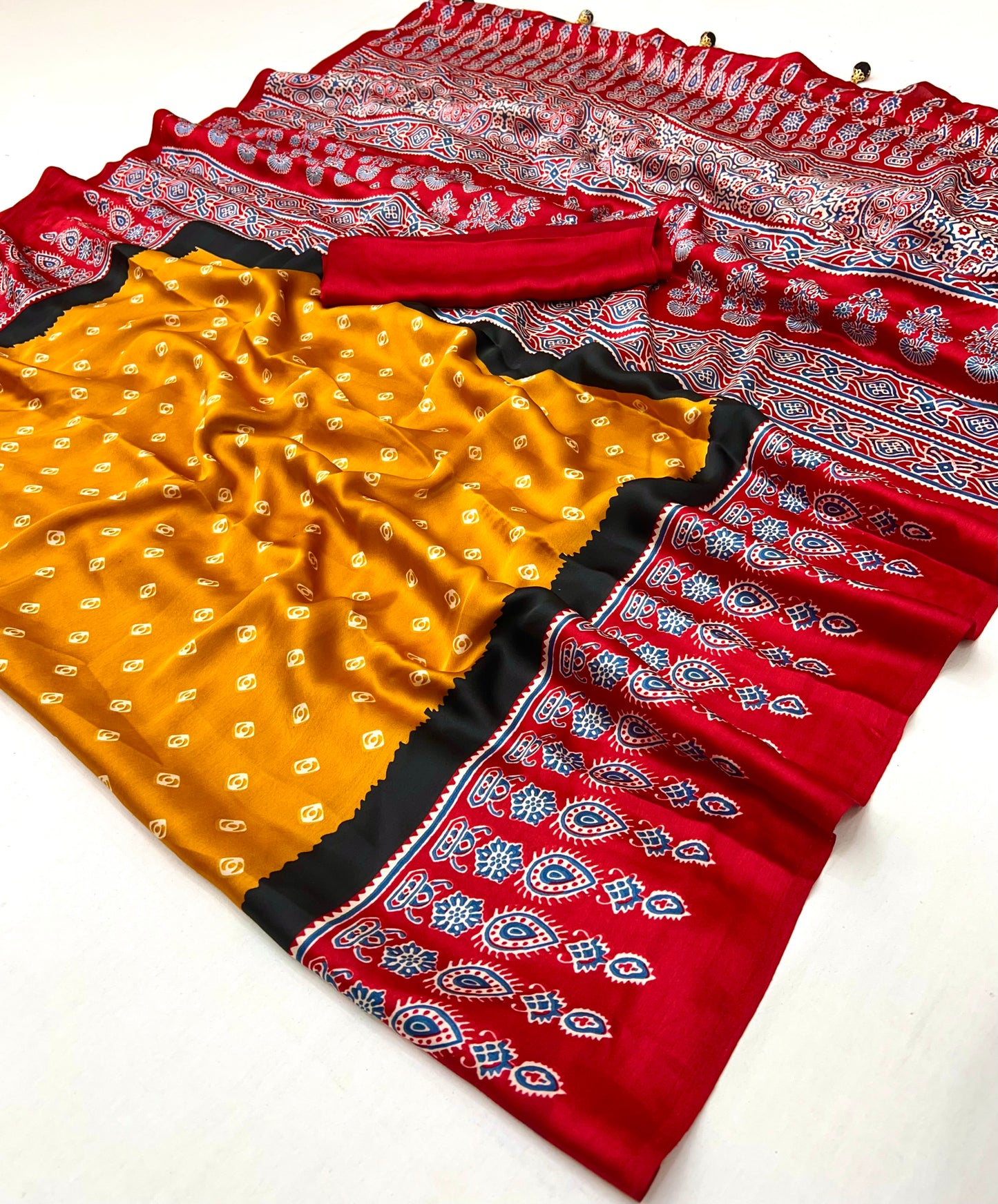 Yellow & Red Readymade Crepe Silk Saree
