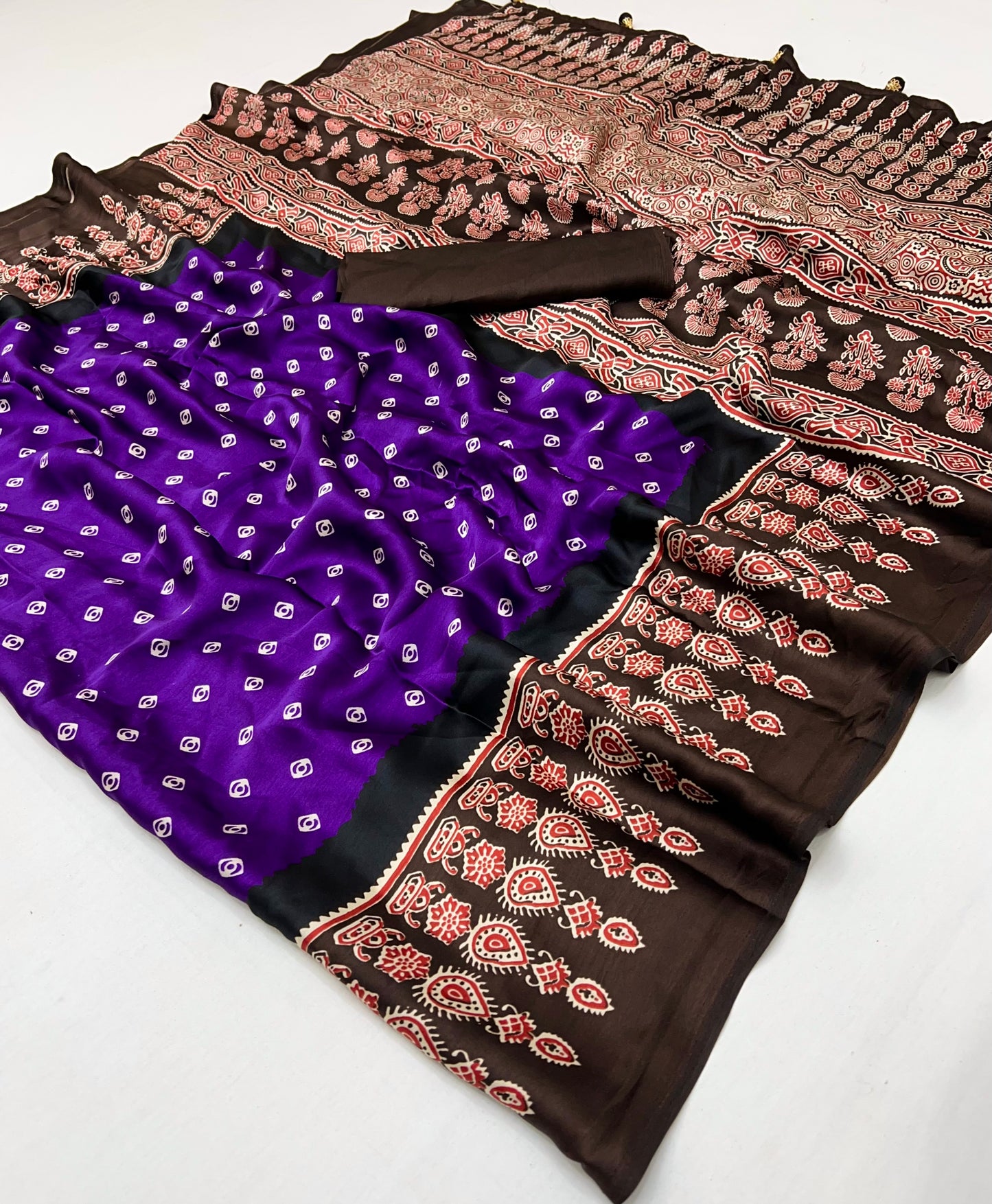 Purple & Brown Readymade Crepe Silk Saree