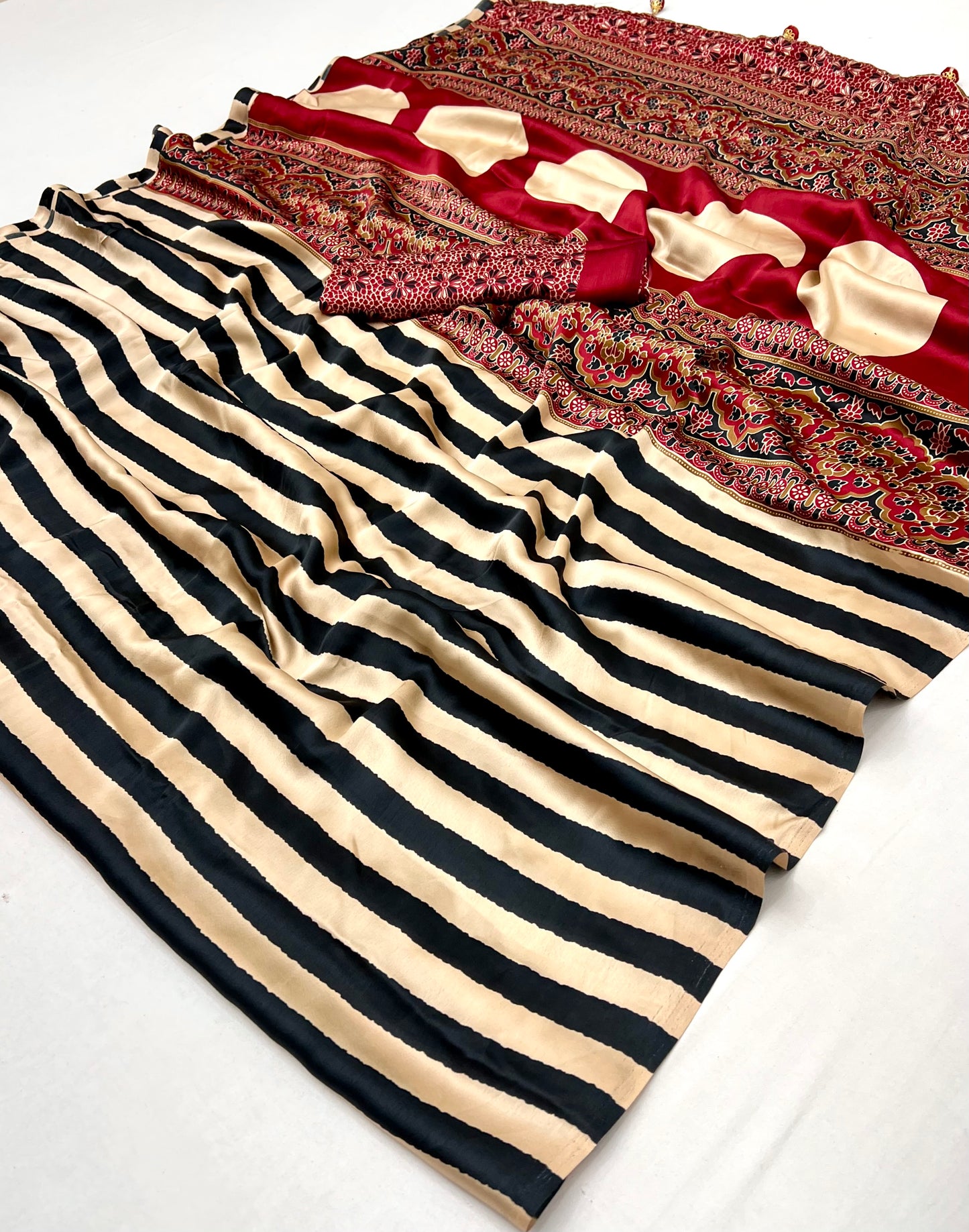 Black Stripe Readymade Crepe Silk Saree