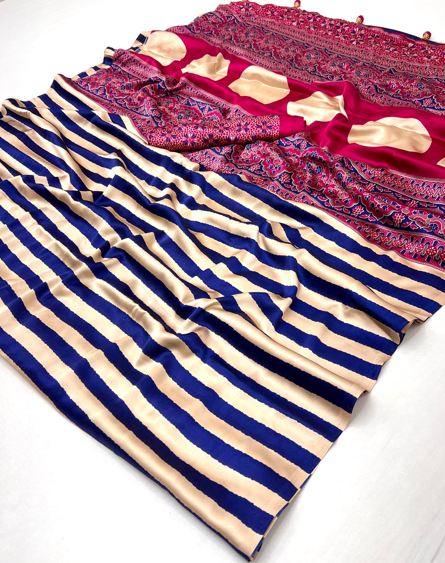 Blue Stripe Readymade Crepe Silk Saree