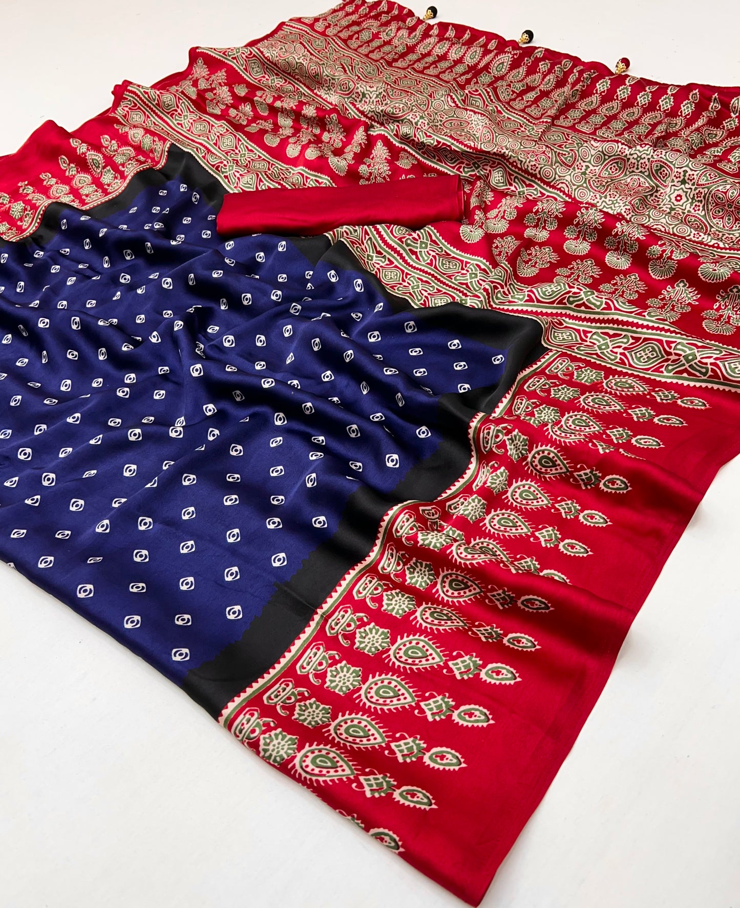 Blue & Red Readymade Crepe Silk Saree