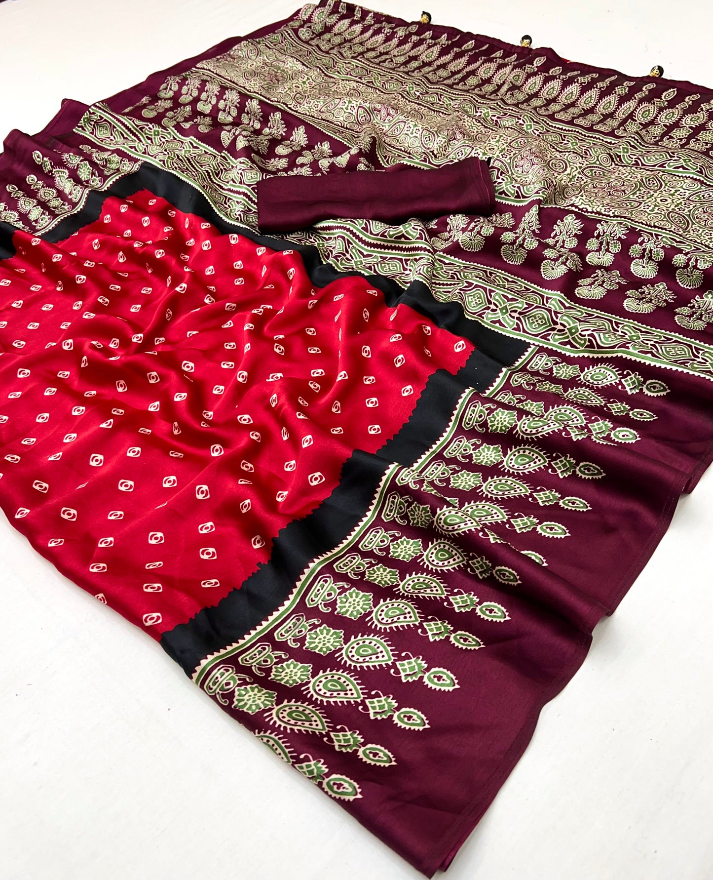 Red & Maroon Readymade Crepe Silk Saree