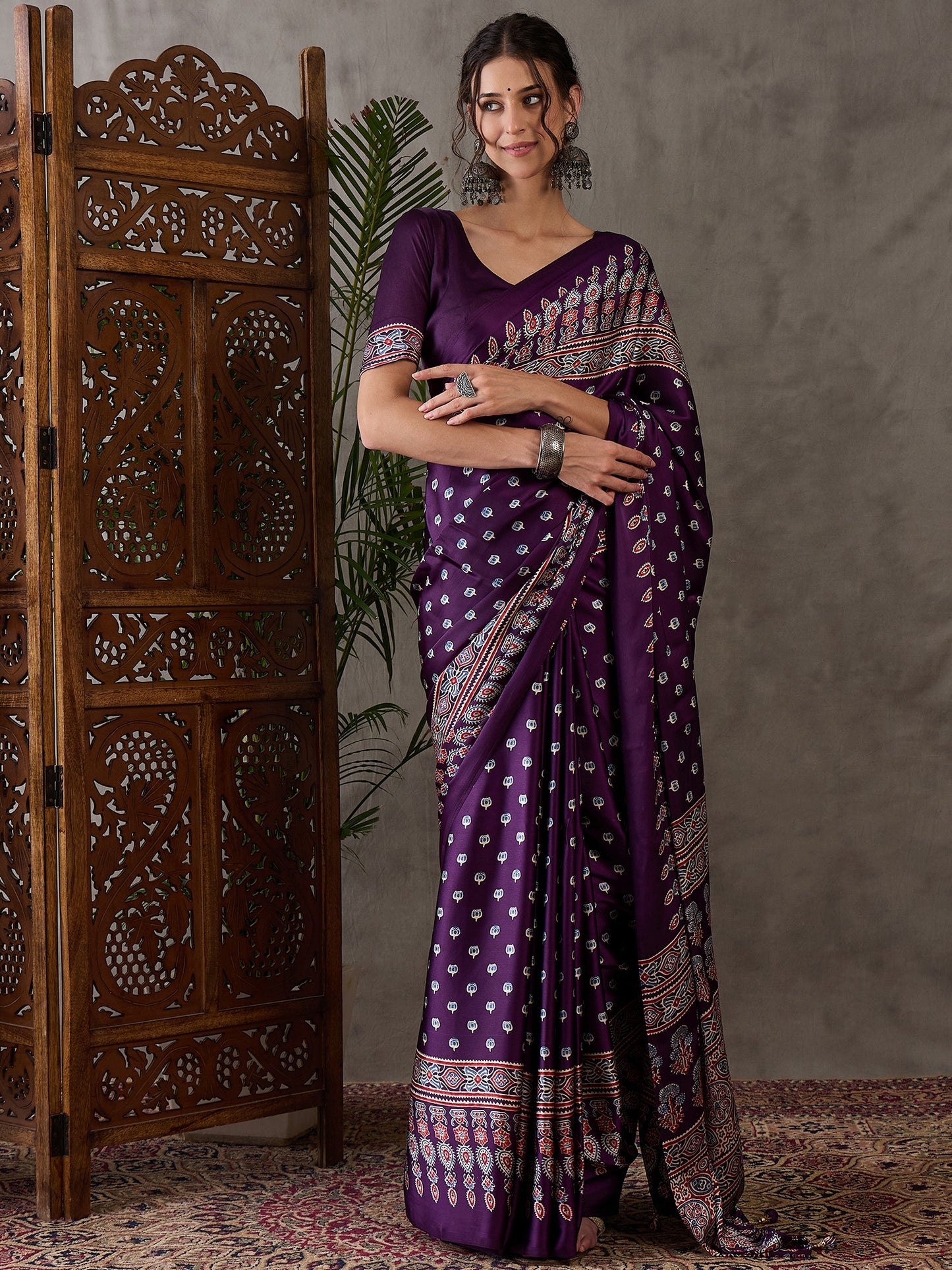 Purple Readymade Crepe Silk Saree