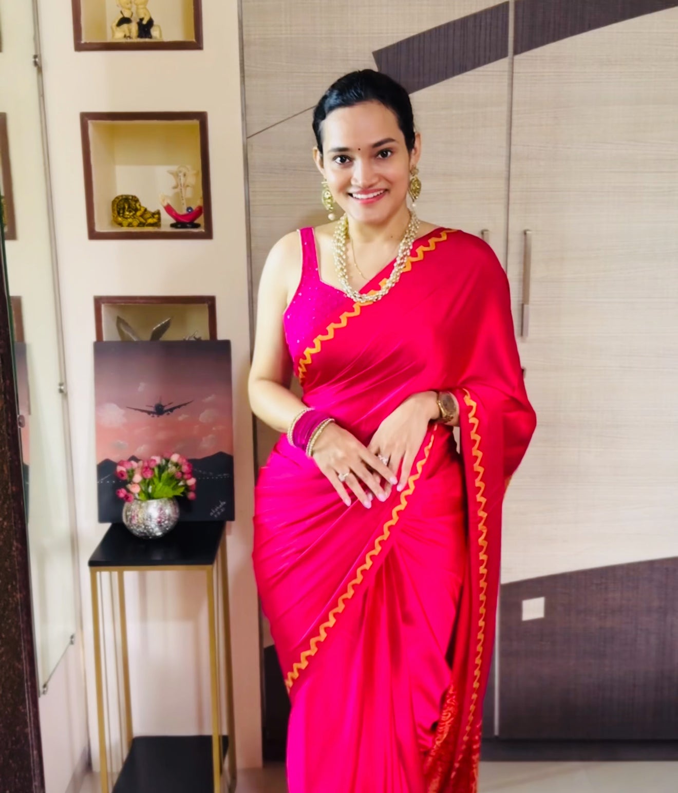 Plain Pink Readymade Crepe Silk Saree