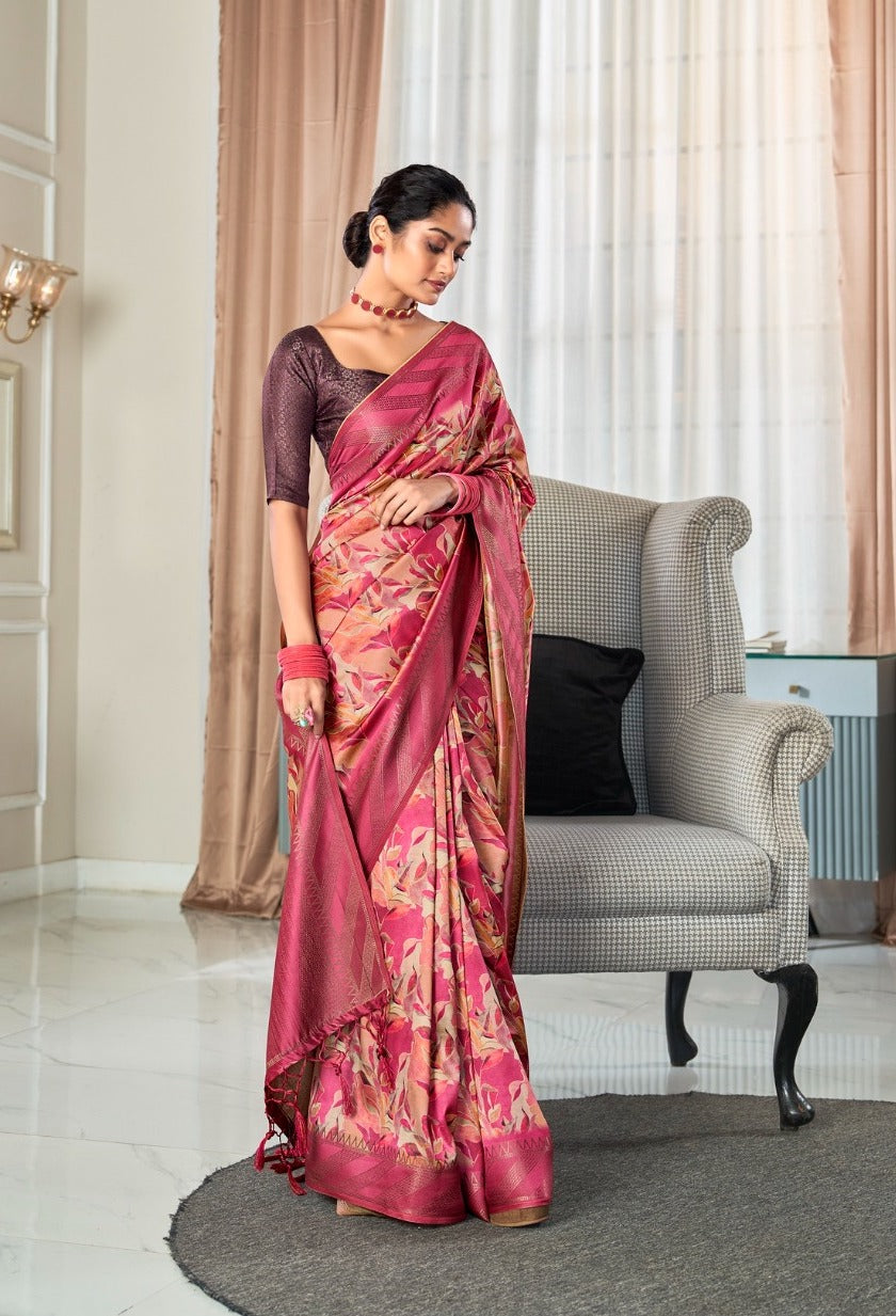 Pink Color Printed Silk Readymade/Easy Saree