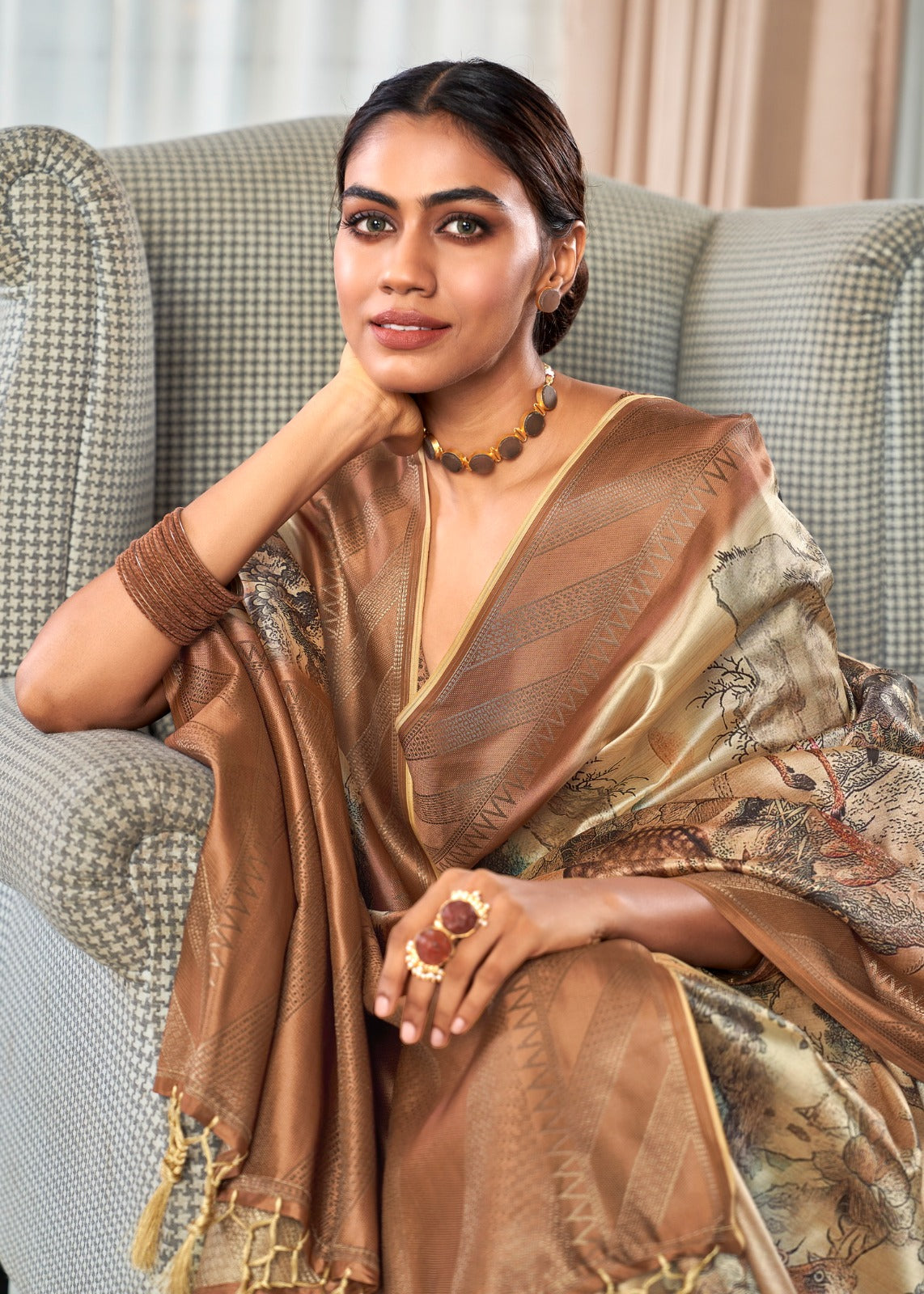 Beige Color Printed Silk Readymade/Easy Saree