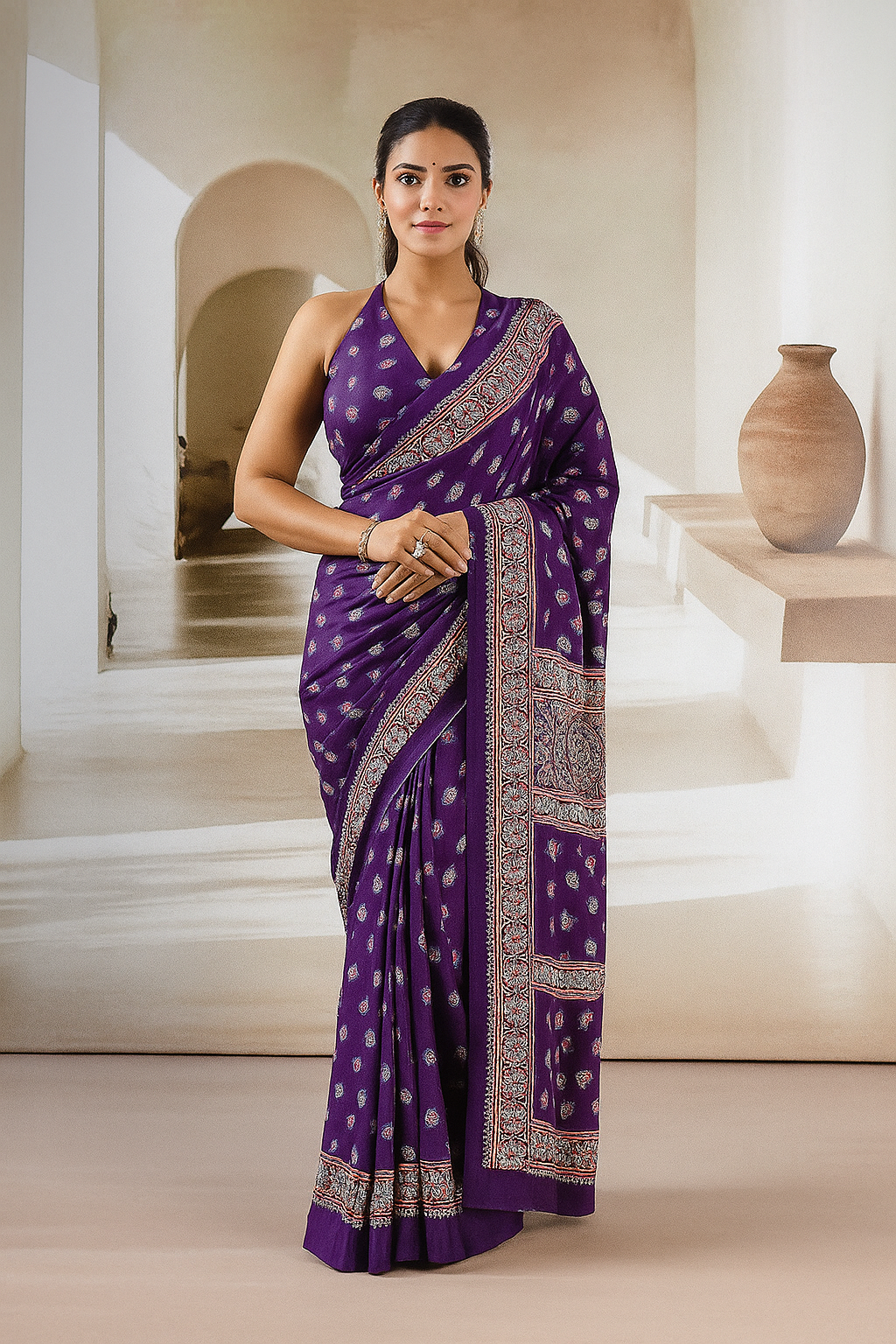 Purple Readymade Crepe Silk Saree