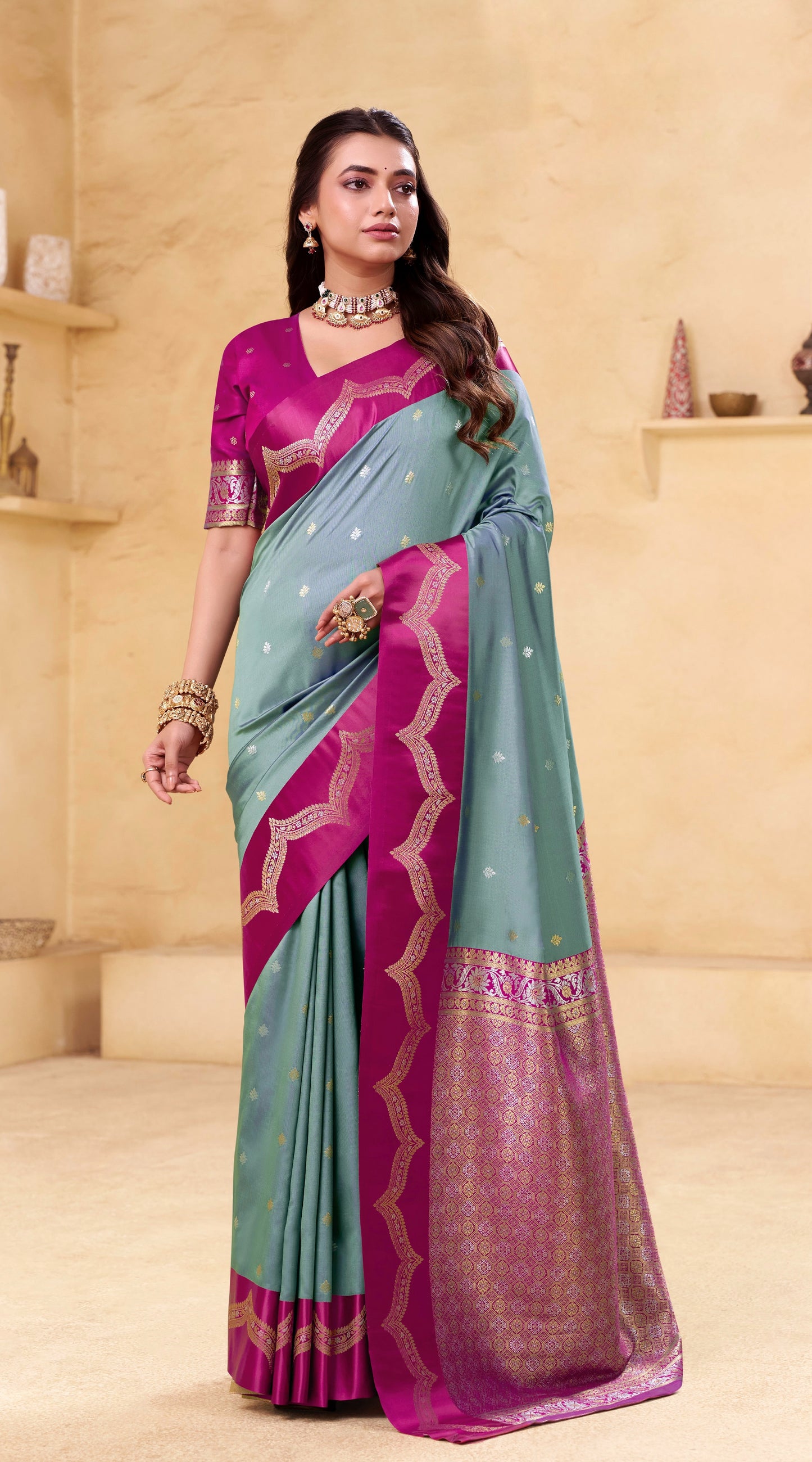 Teal Blue Kanjivaram Silk Readymade/Easy Saree